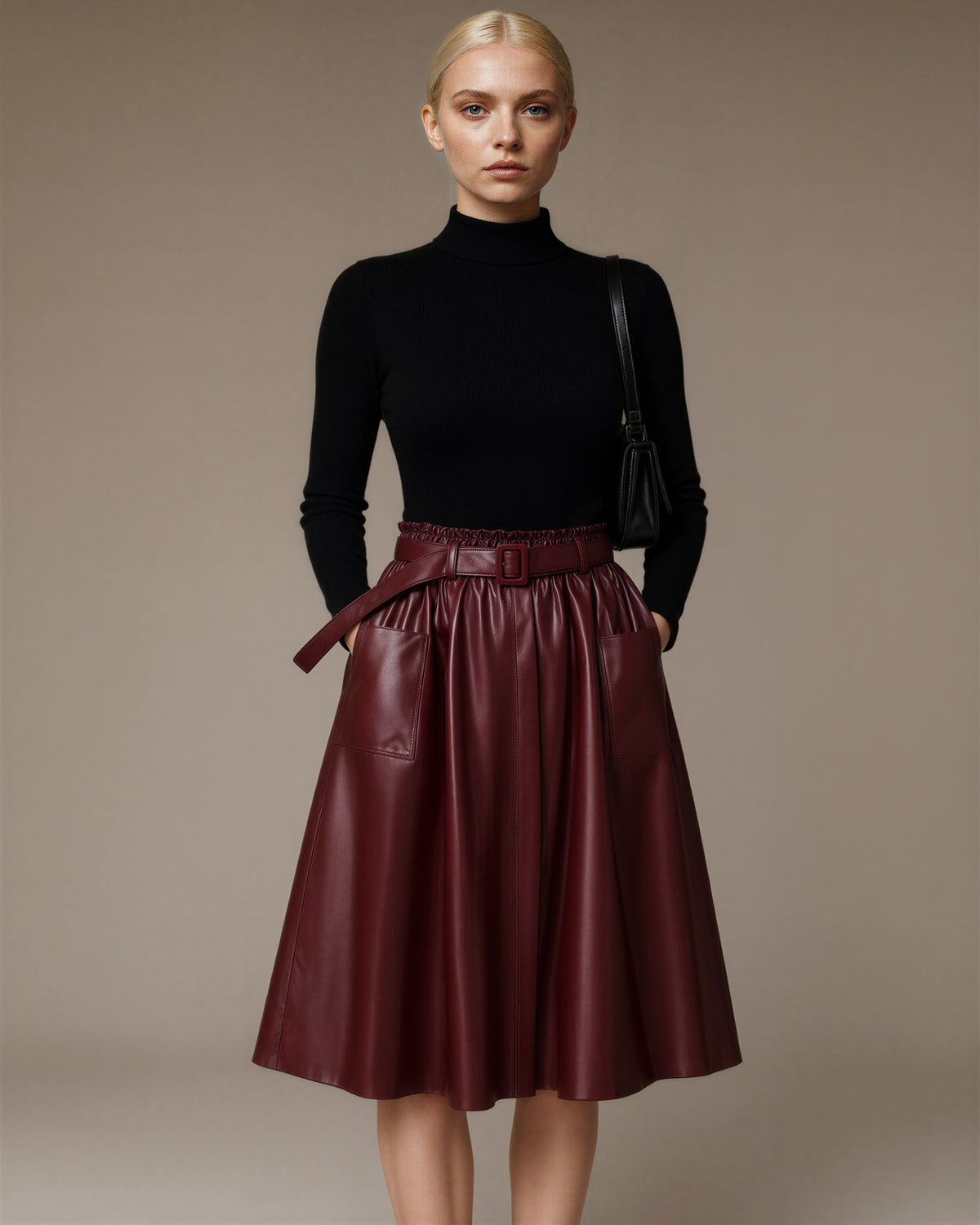 Rossana Belted Faux Leather A Line Midi Skirt, burgundy, front, hands in pockets