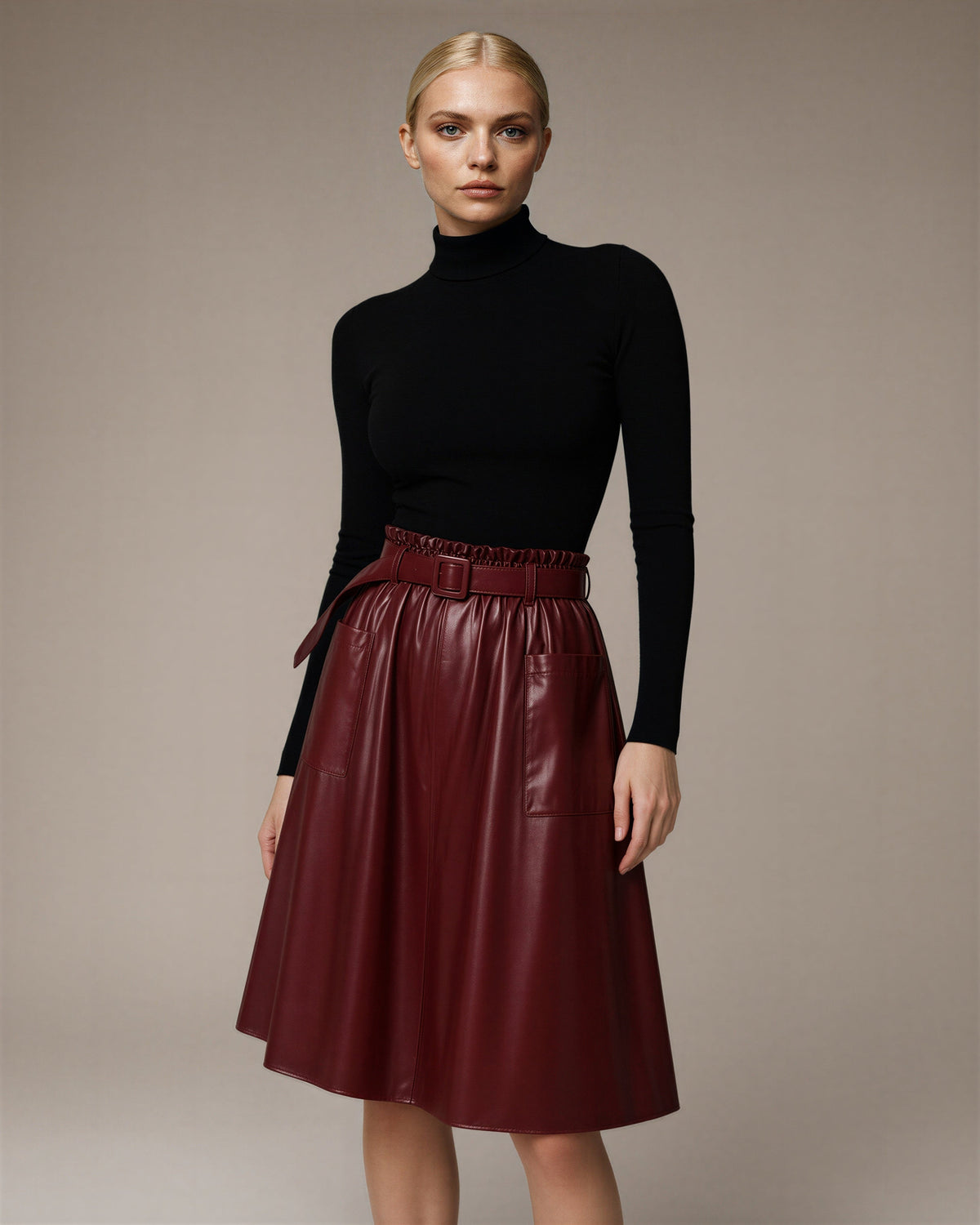 Rossana Belted Faux Leather A Line Midi Skirt, burgundy, three quarter view