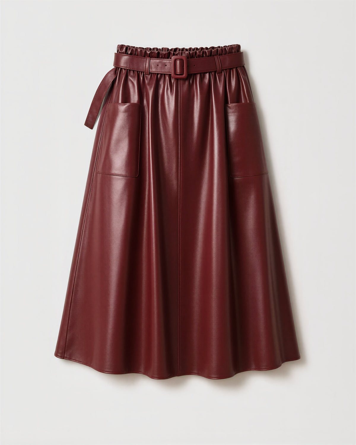 Rossana Belted Faux Leather A Line Midi Skirt, burgundy, product view without a model