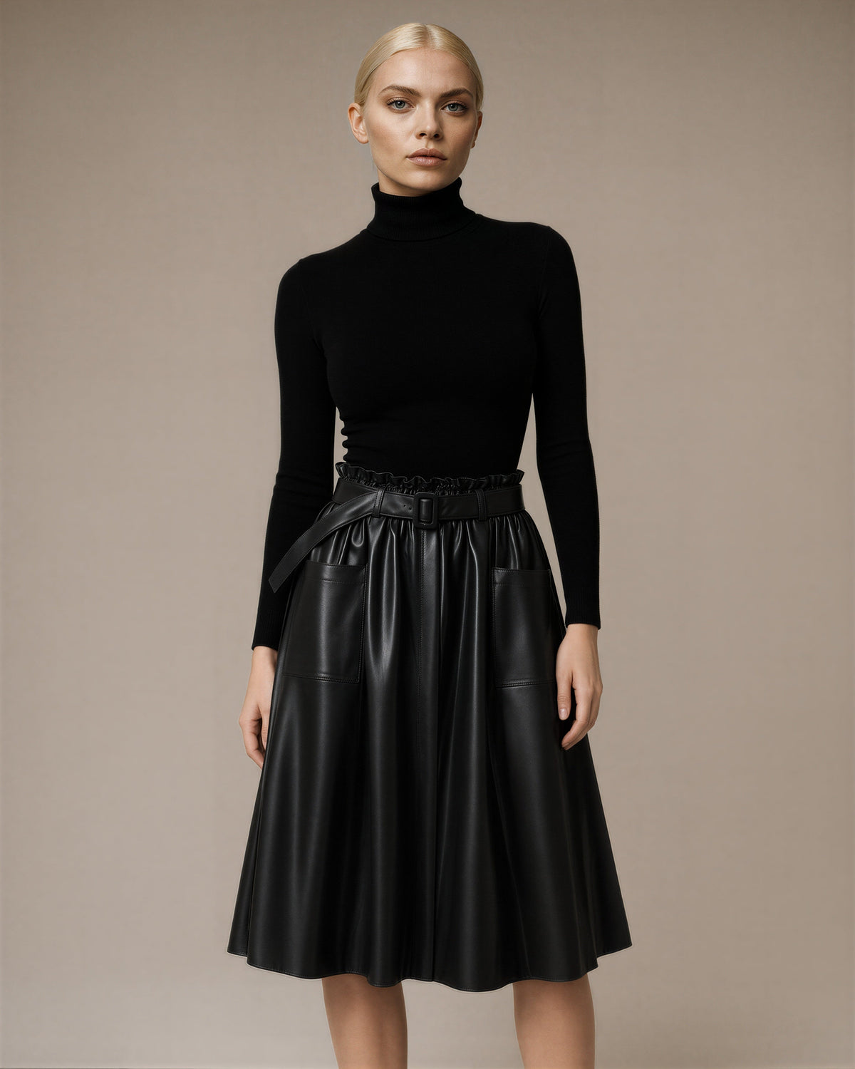 Rossana Belted Faux Leather A Line Midi Skirt, black color option
