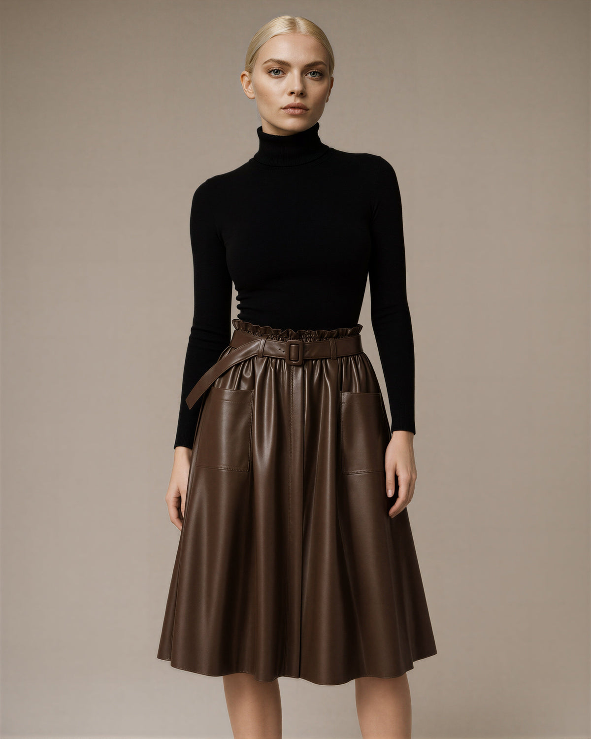 Rossana Belted Faux Leather A Line Midi Skirt, brown color option