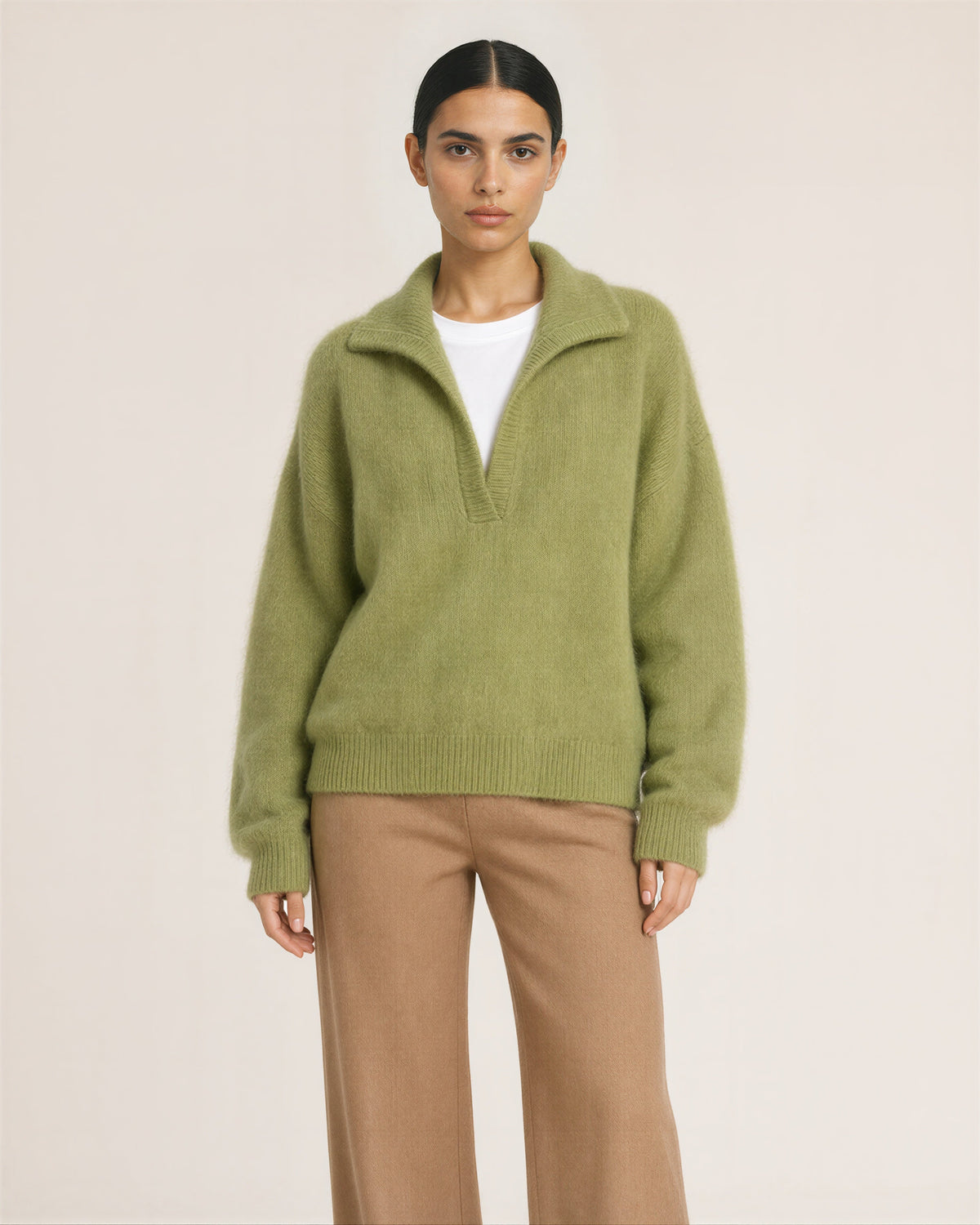 Sabina Polo Collar Brushed Knit Sweater, moss green, front view