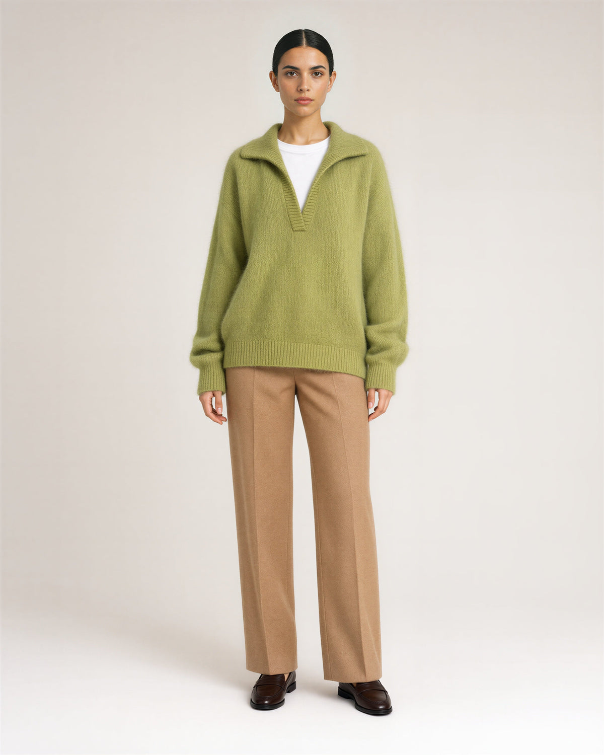 Sabina Polo Collar Brushed Knit Sweater, moss green, full length front view