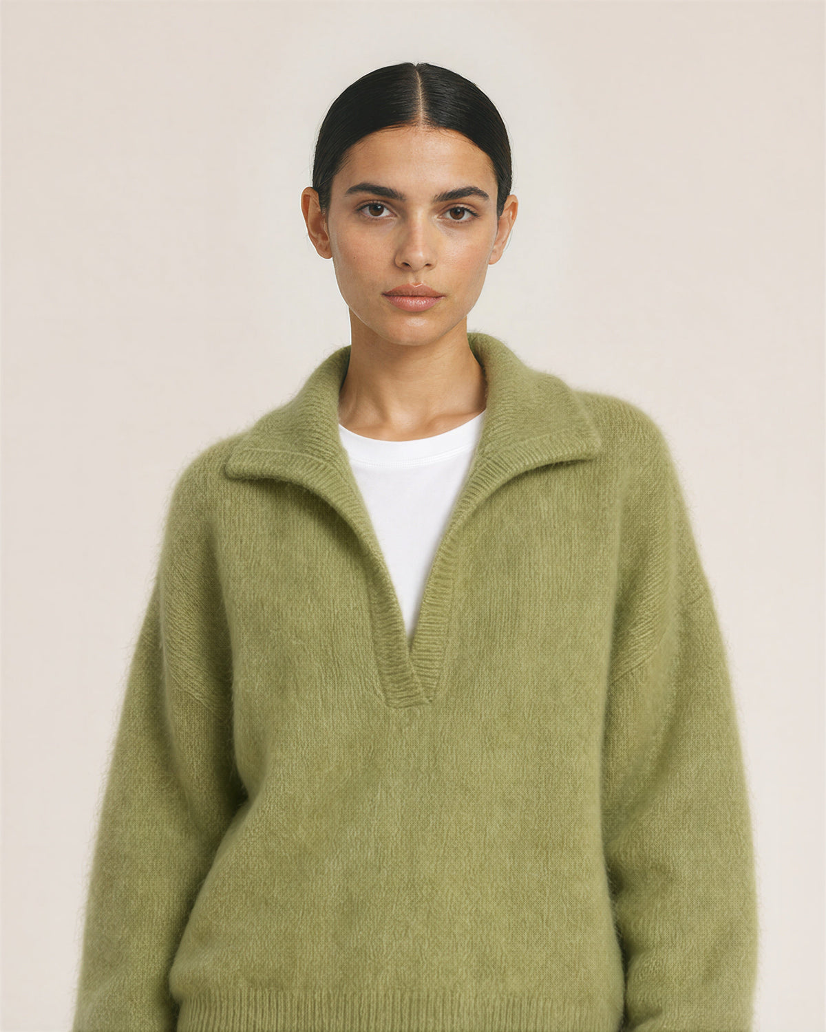Sabina Polo Collar Brushed Knit Sweater, moss green, close up above the waist