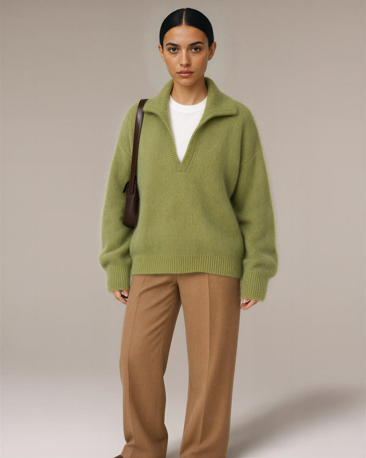 Sabina Polo Collar Brushed Knit Sweater, moss green, three quarter view