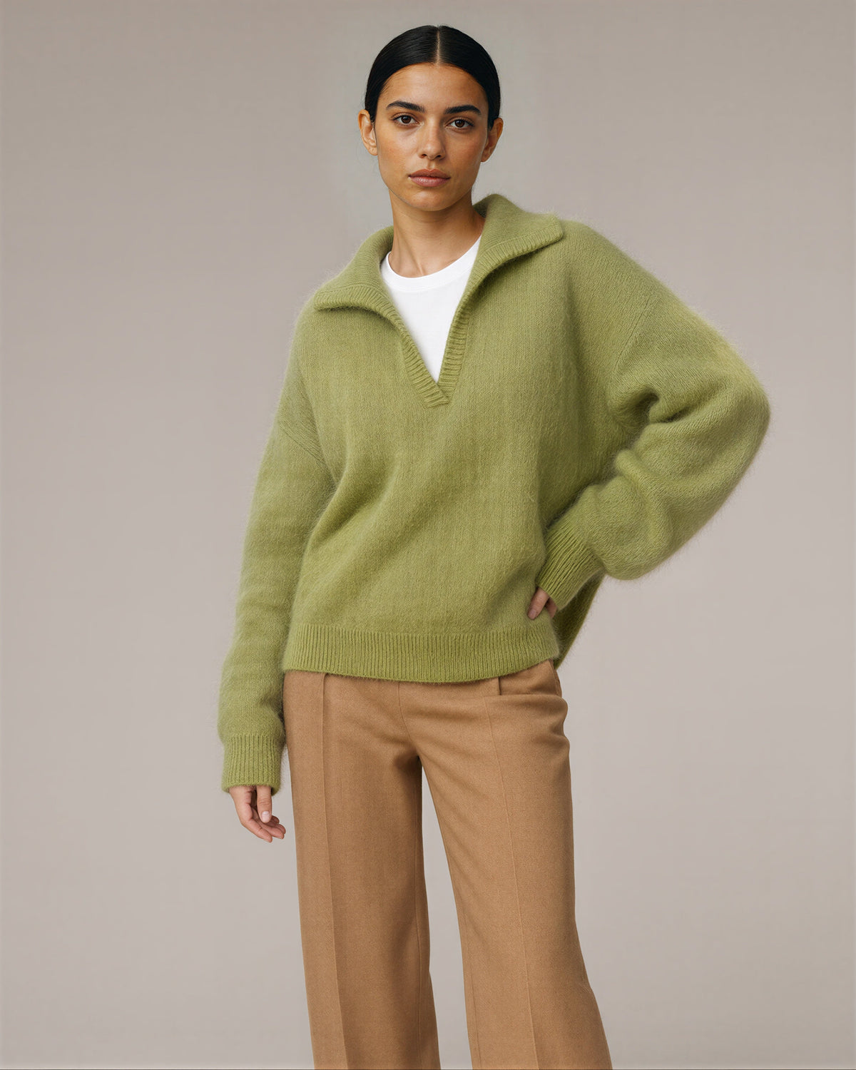 Sabina Polo Collar Brushed Knit Sweater, moss green, front, hands on the waist