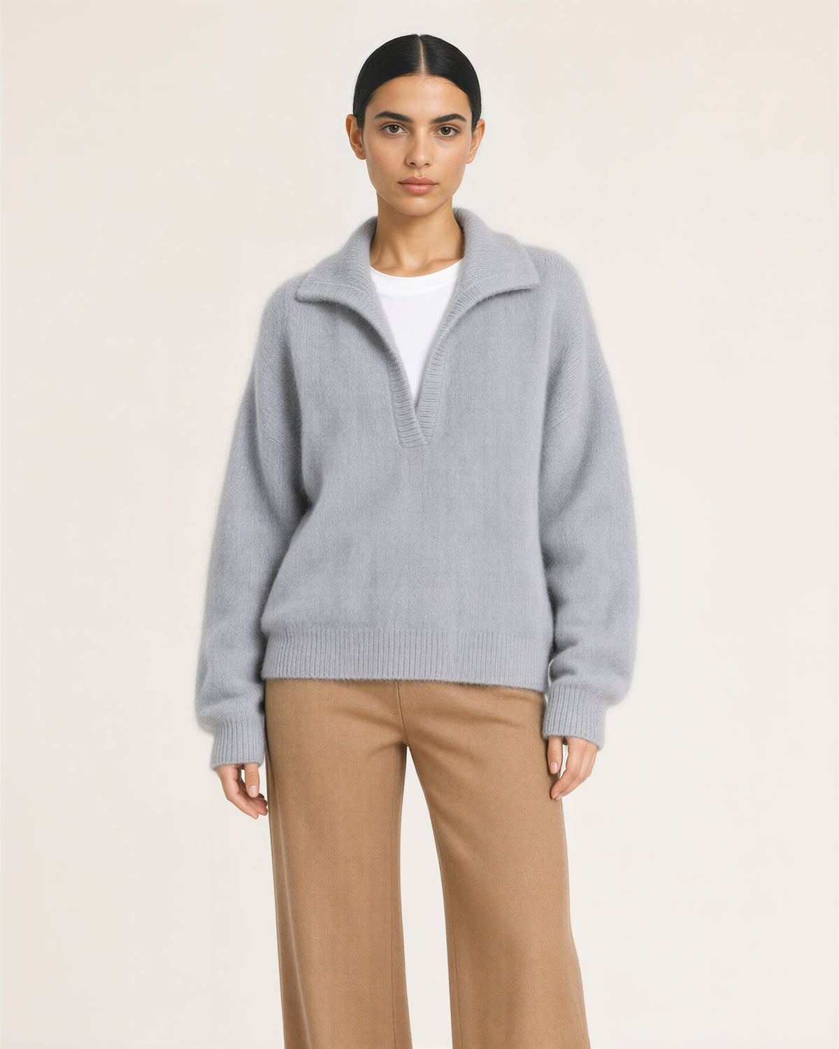 Sabina Polo Collar Brushed Knit Sweater, grey color option
