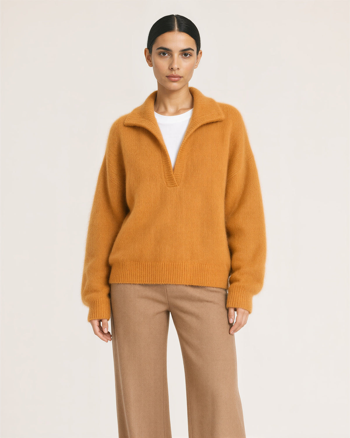 Sabina Polo Collar Brushed Knit Sweater, saffron orange color option