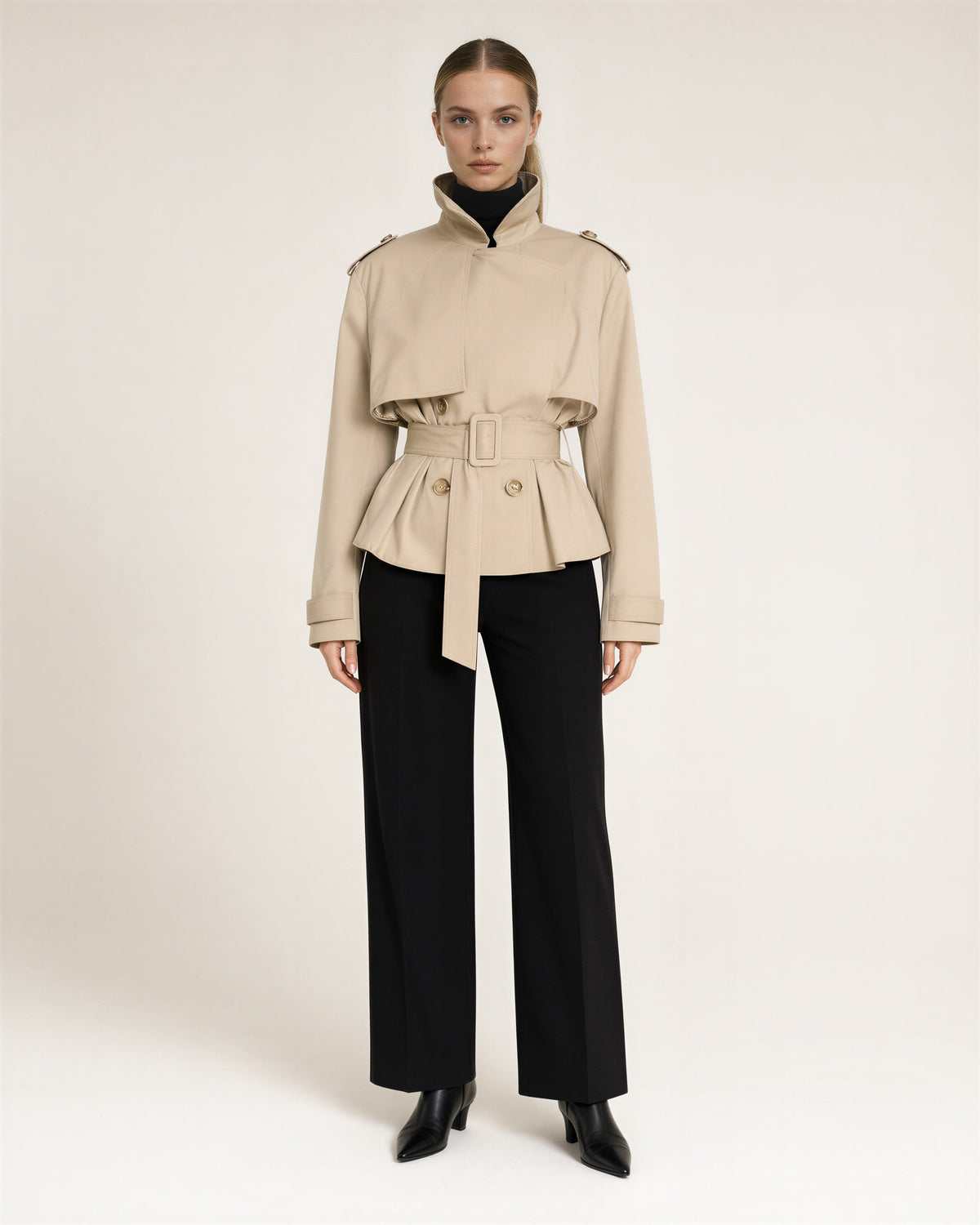 Sara Peplum Double Breasted Cropped Trench Jacket, beige, full length front view