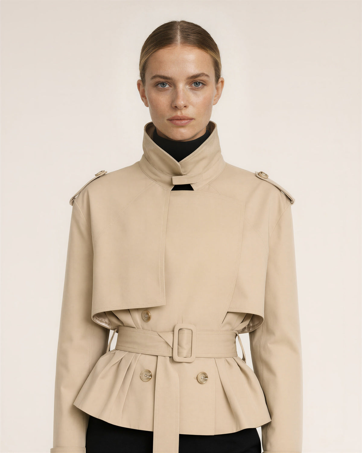 Sara Peplum Double Breasted Cropped Trench Jacket, beige, close up above the waist