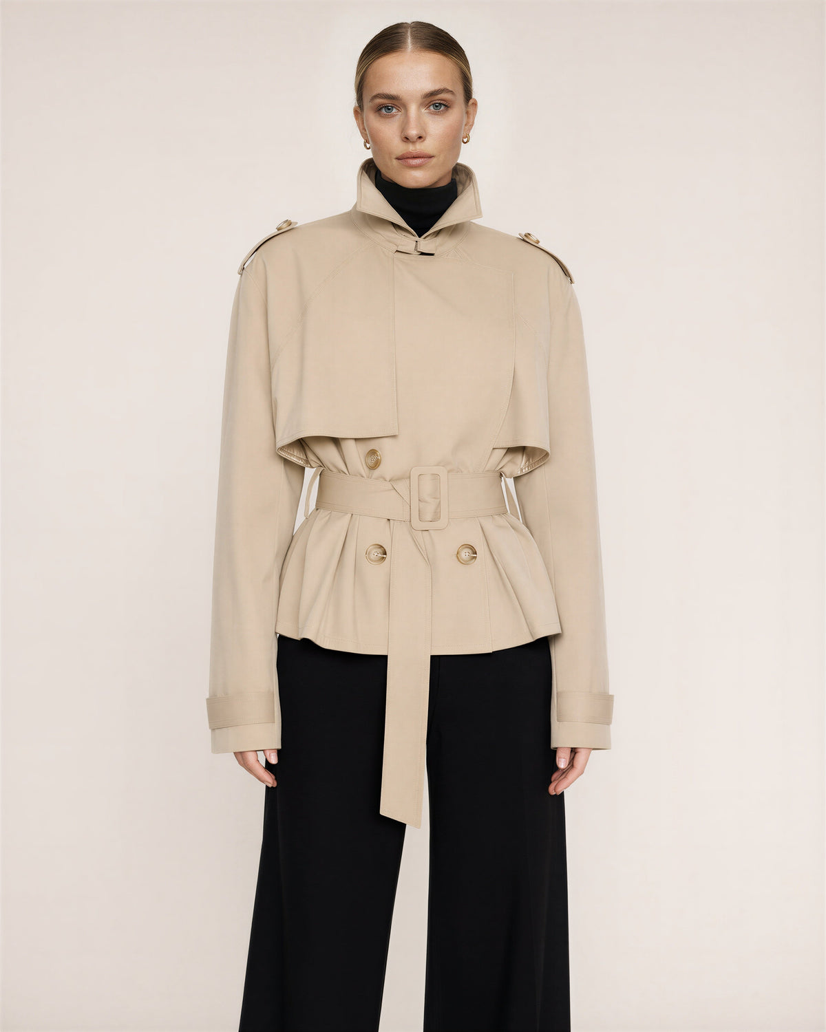 Sara Peplum Double Breasted Cropped Trench Jacket, beige, three quarter view