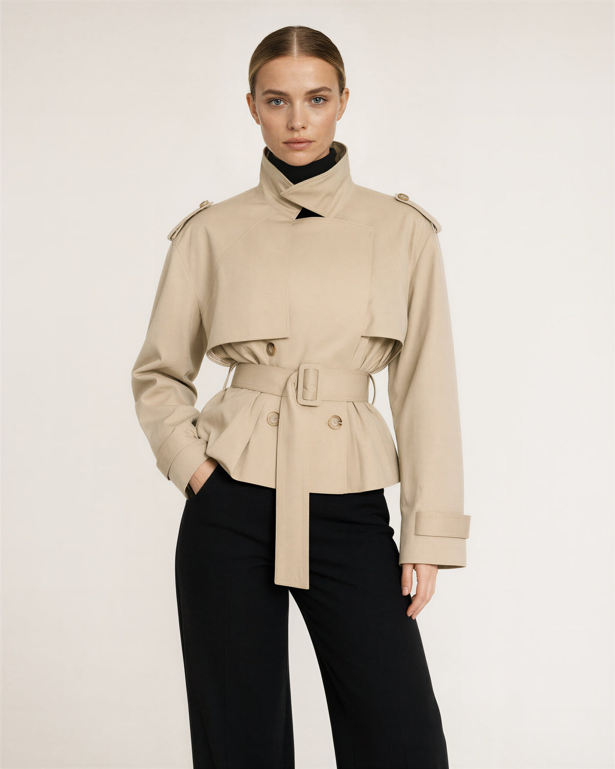 Sara Peplum Double Breasted Cropped Trench Jacket, beige, front, hands on the waist