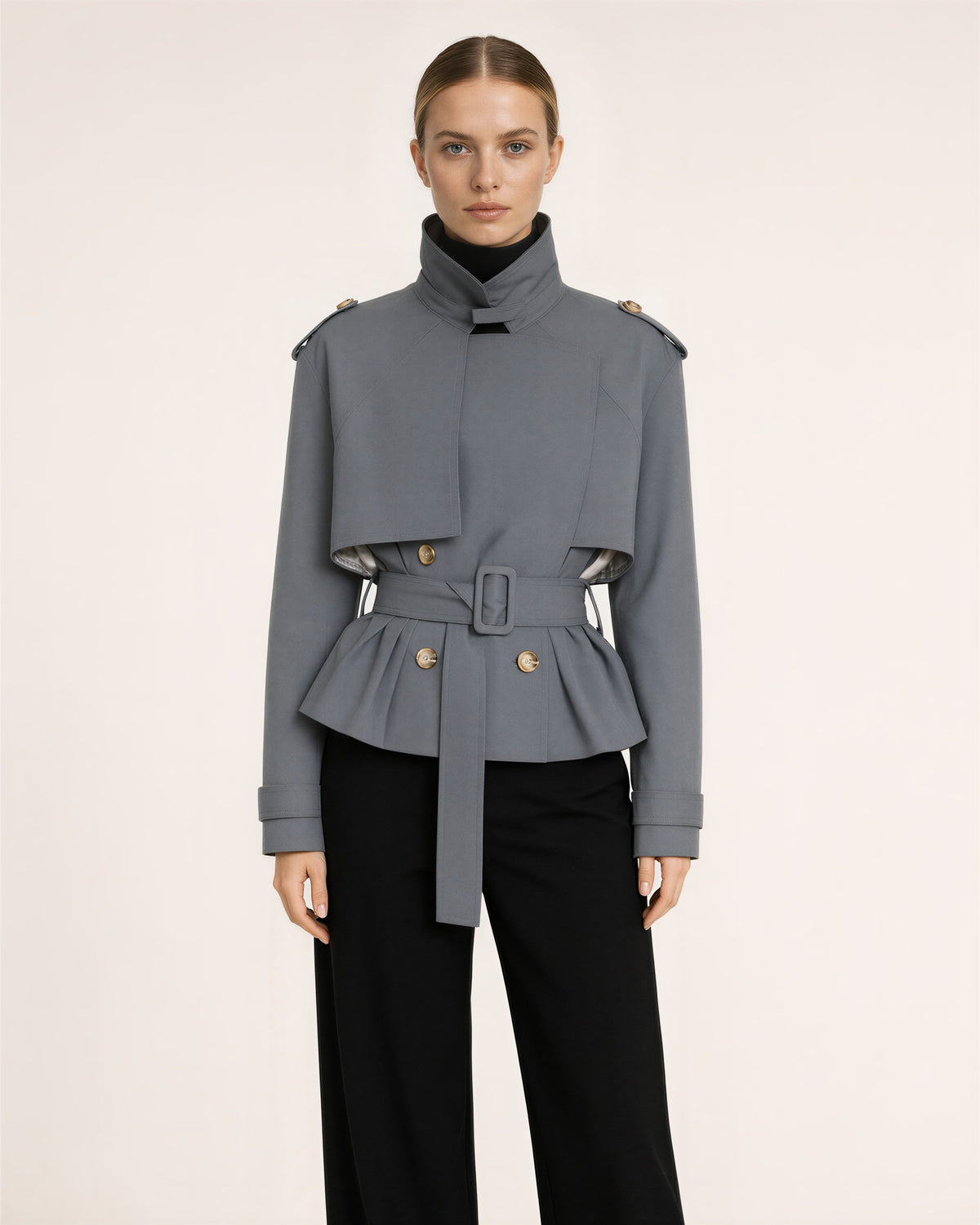 Sara Peplum Double Breasted Cropped Trench Jacket, grey color option