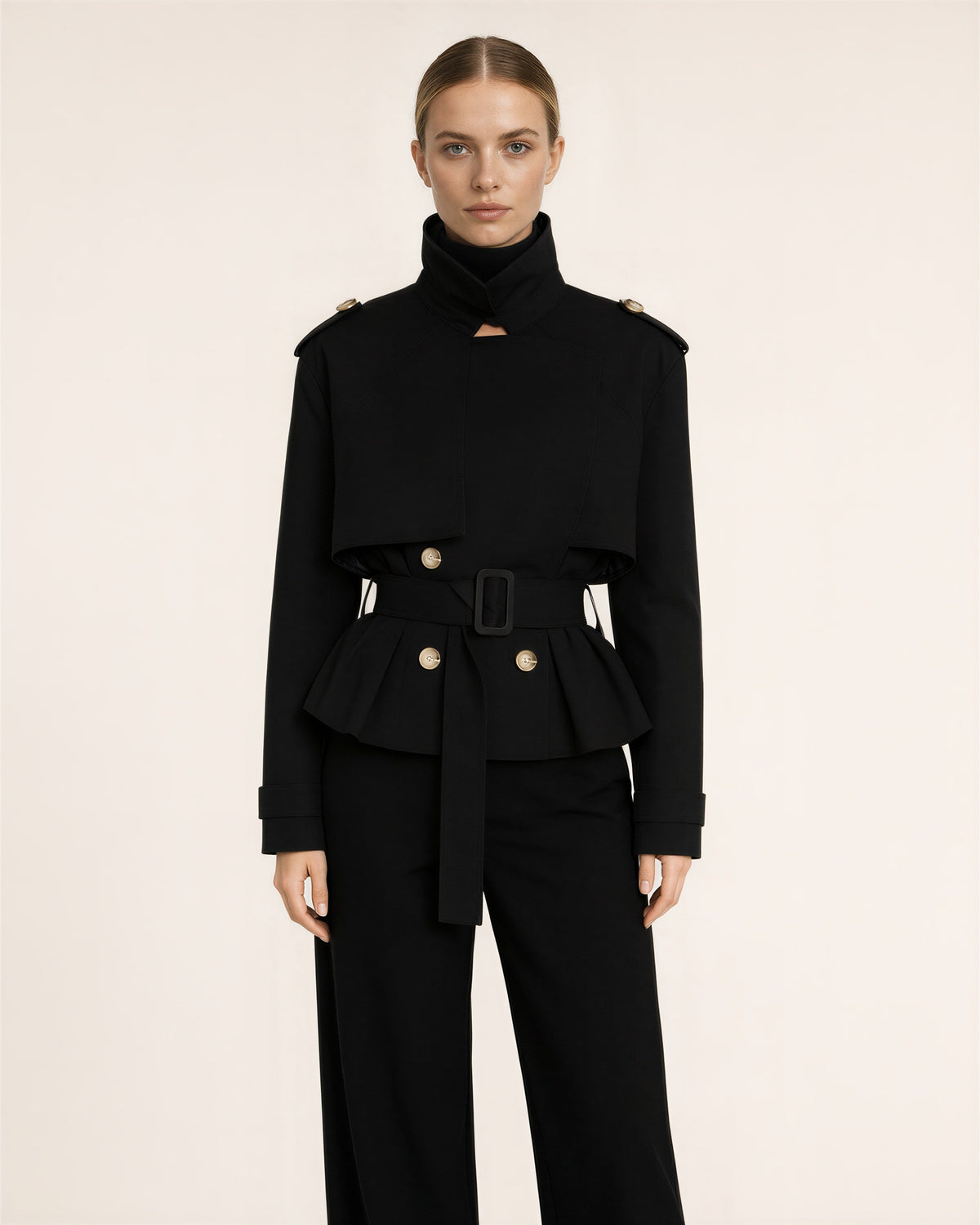 Sara Peplum Double Breasted Cropped Trench Jacket, black color option