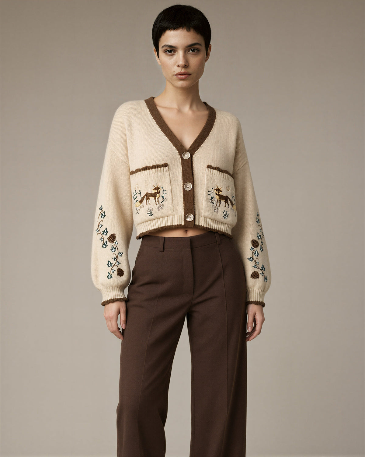 Serafina Fox Embroidered Pocket Cropped Cardigan, cream, front view