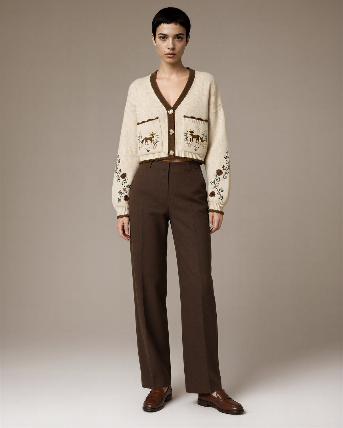 Serafina Fox Embroidered Pocket Cropped Cardigan, cream, full length front view