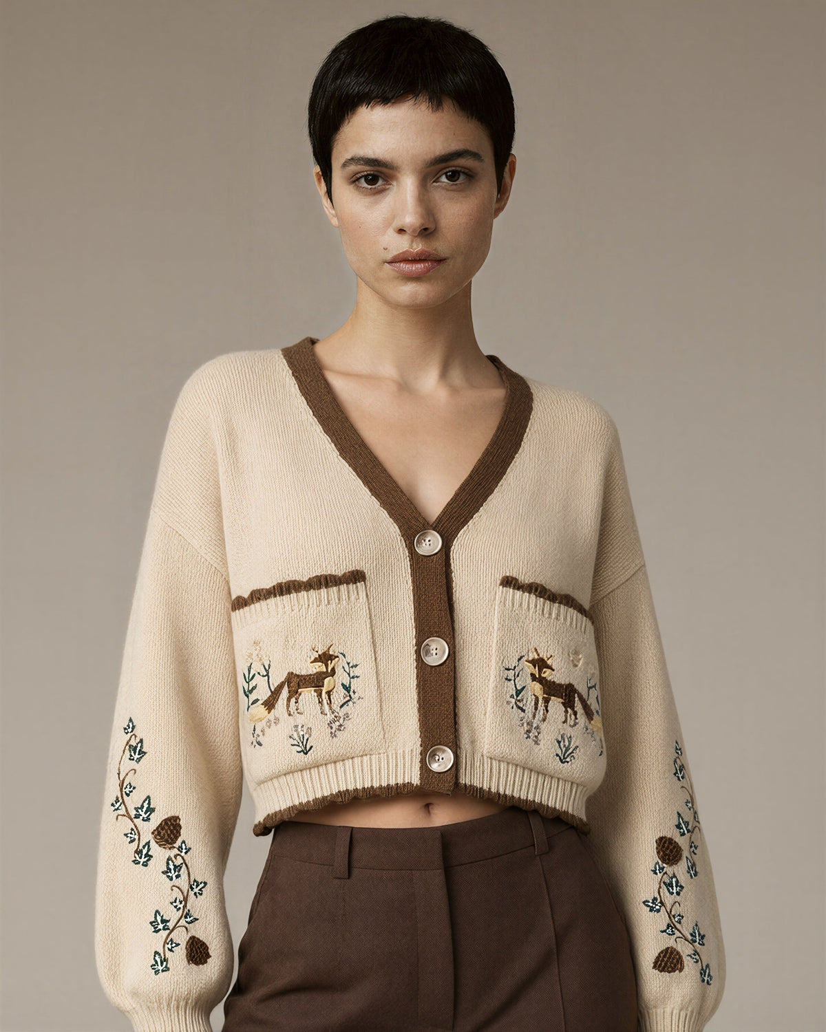 Serafina Fox Embroidered Pocket Cropped Cardigan, cream, close up above the waist