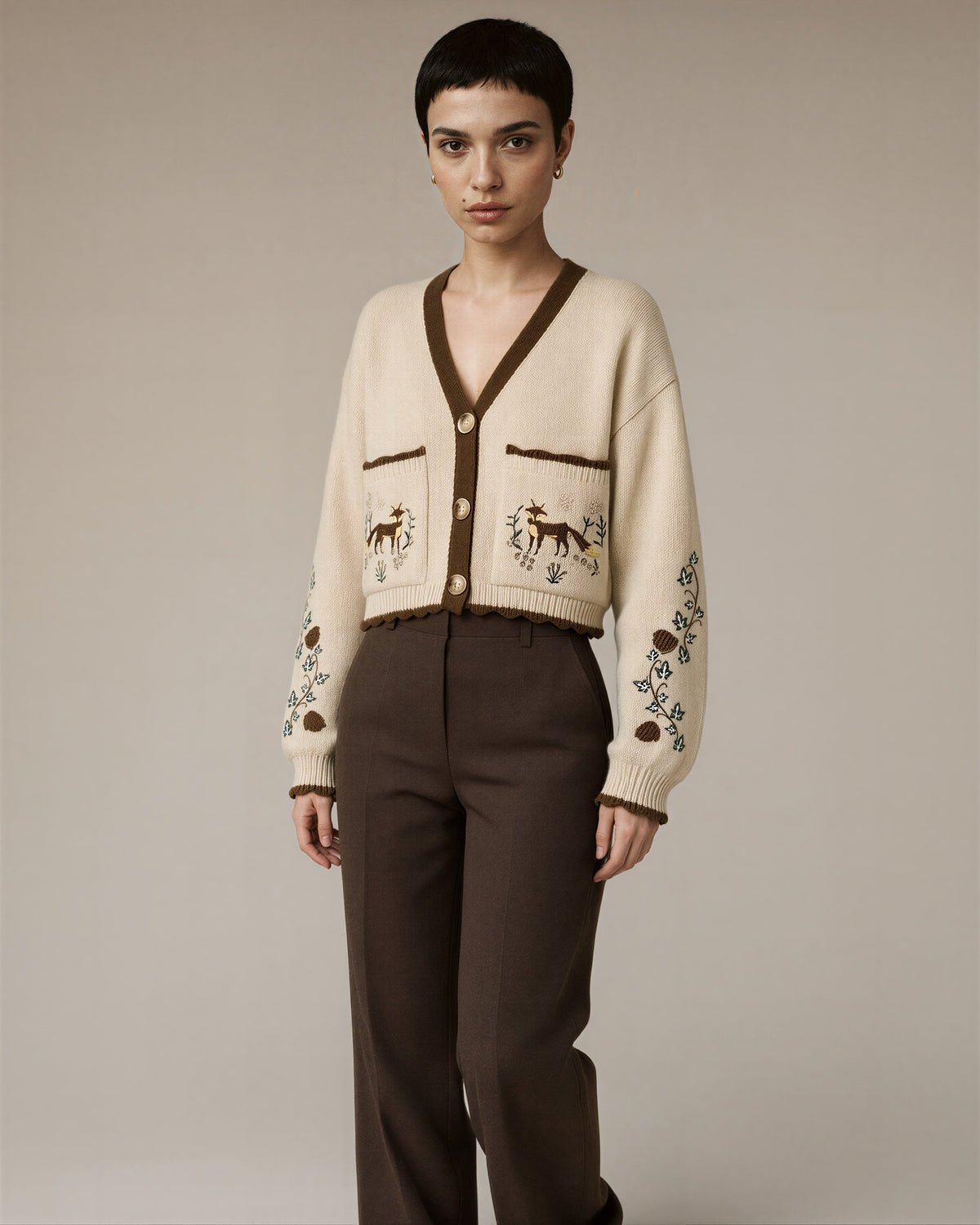 Serafina Fox Embroidered Pocket Cropped Cardigan, cream, three quarter view