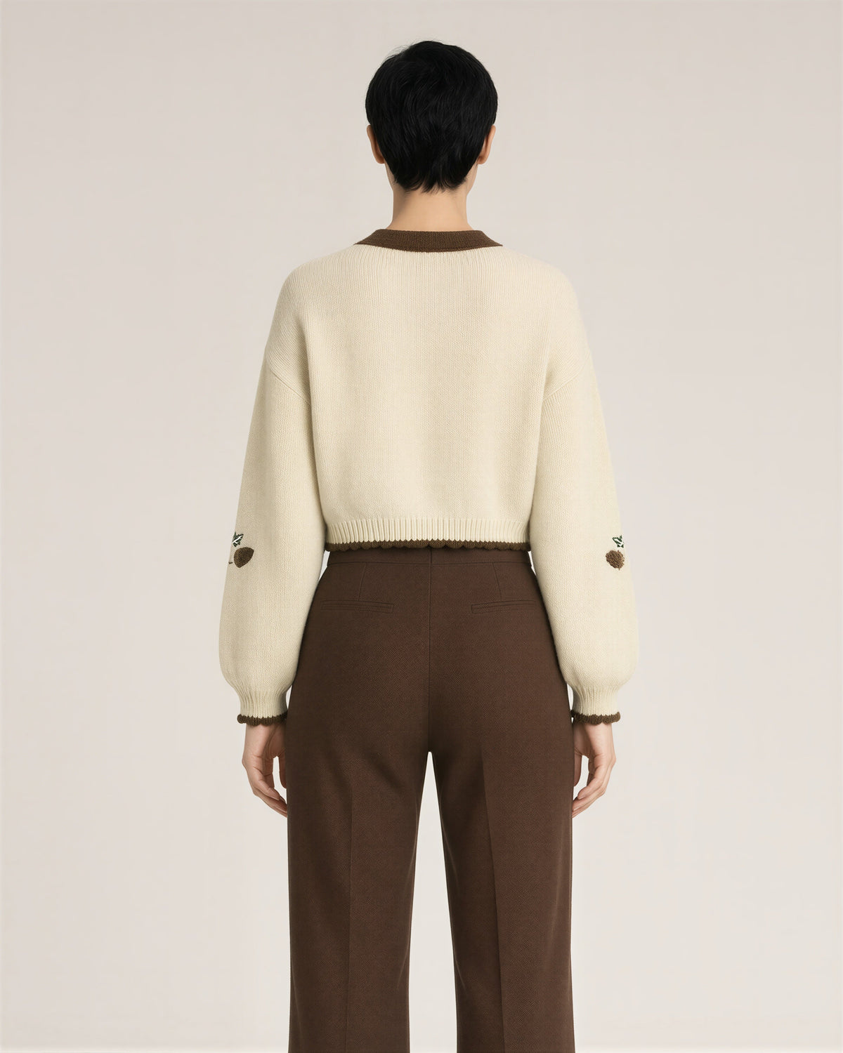 Serafina Fox Embroidered Pocket Cropped Cardigan, cream, back view