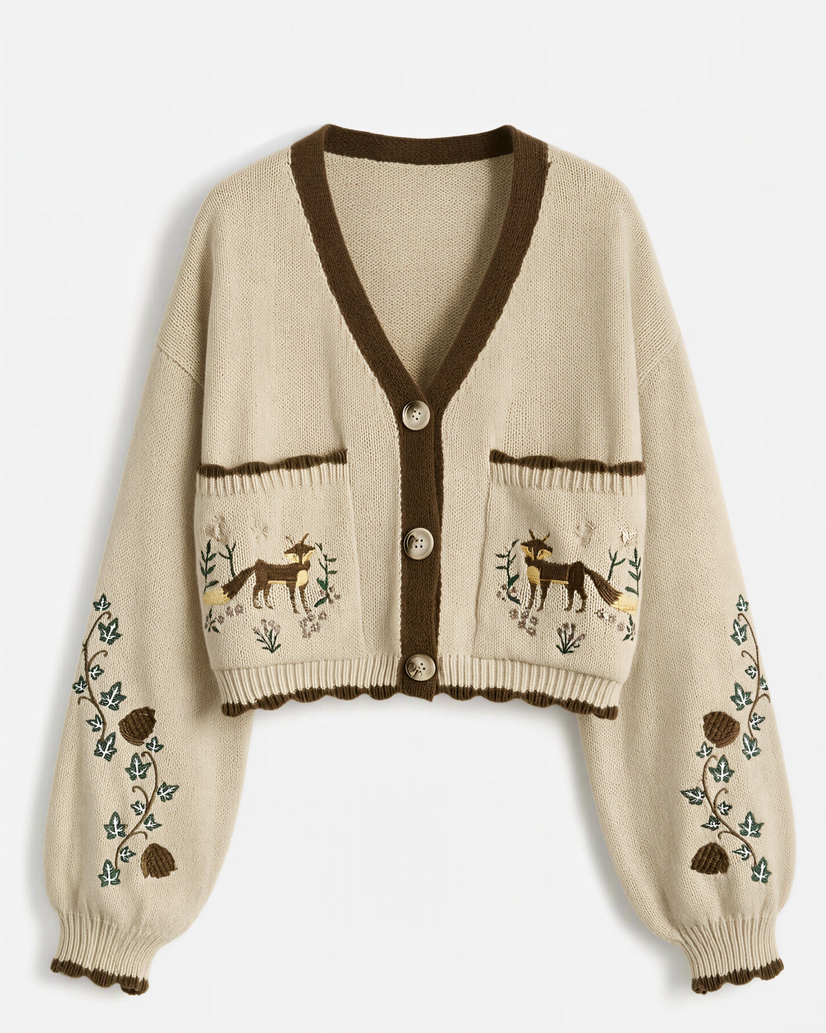 Serafina Fox Embroidered Pocket Cropped Cardigan, cream, product view without a model