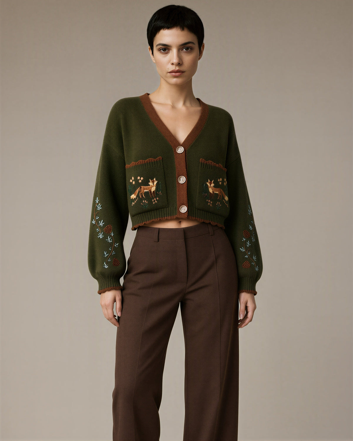 Serafina Fox Embroidered Pocket Cropped Cardigan, olive green color option