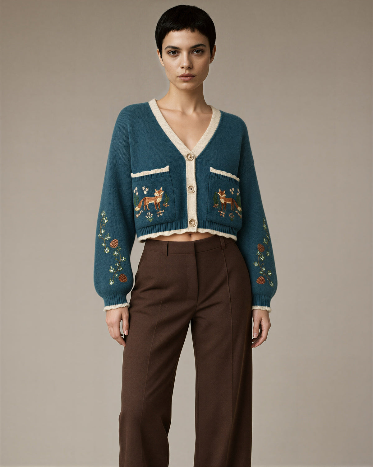 Serafina Fox Embroidered Pocket Cropped Cardigan, petrol blue color option
