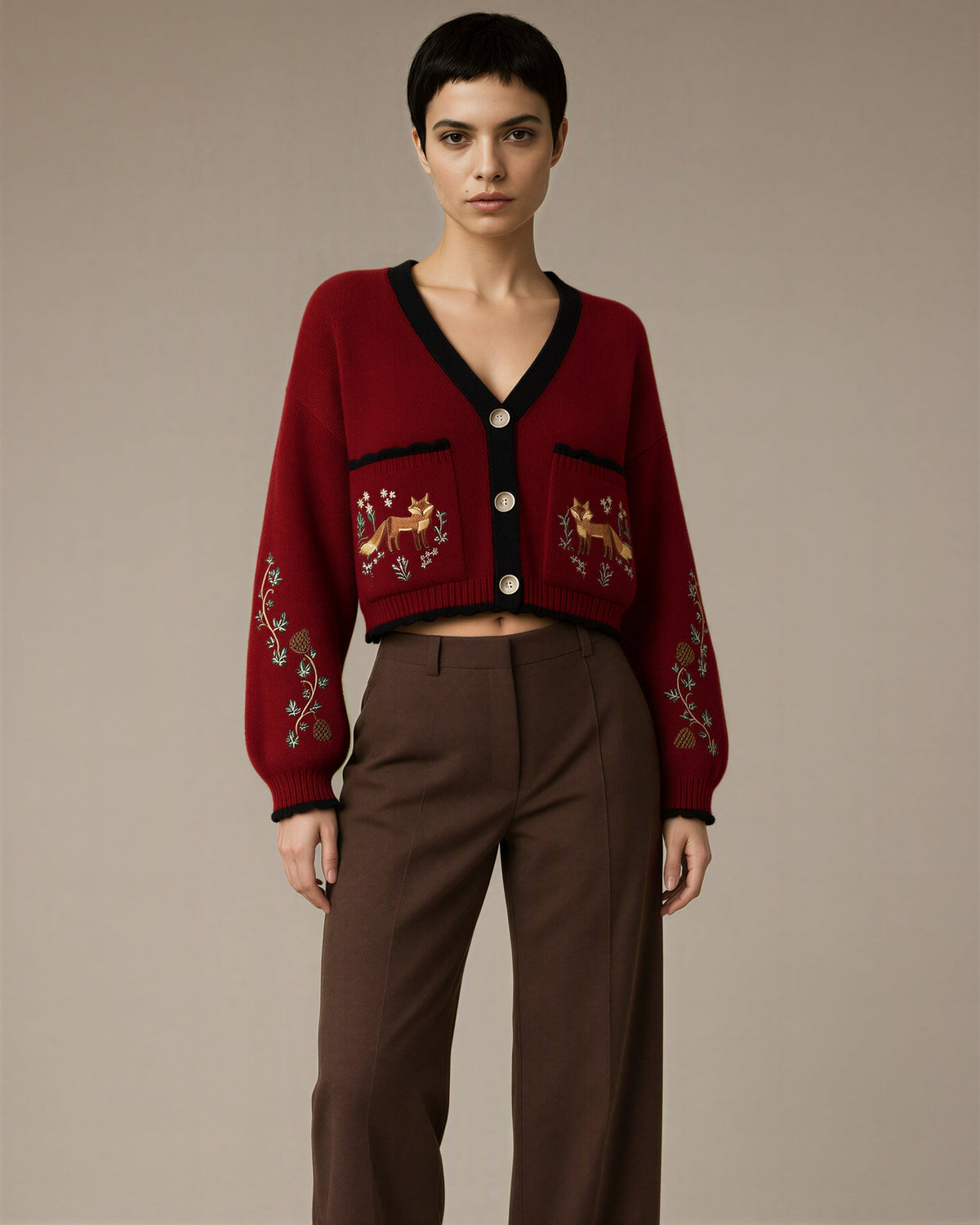 Serafina Fox Embroidered Pocket Cropped Cardigan, burgundy color option