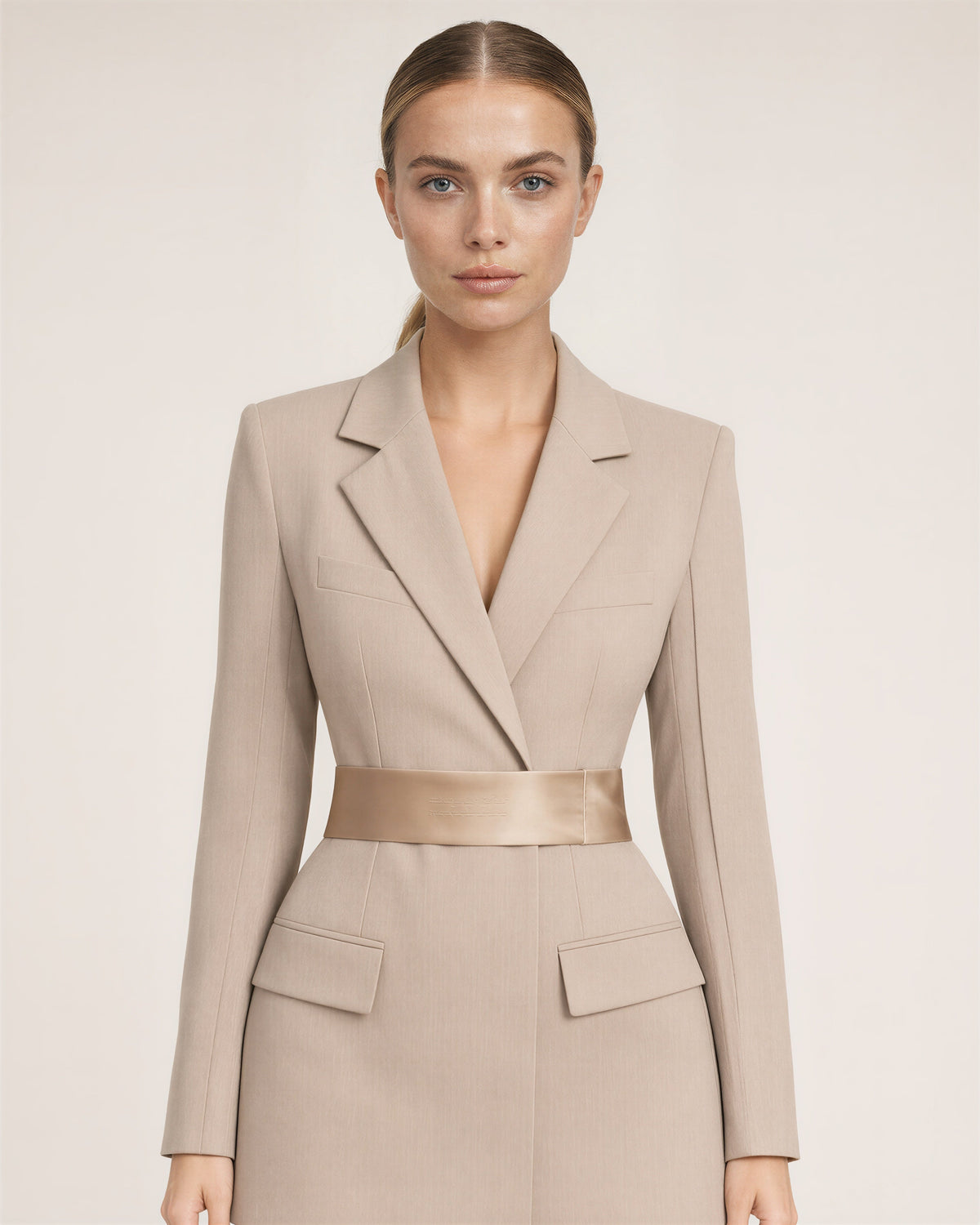 Serena Satin Belted Blazer Mini Dress, stone beige, close up above the waist
