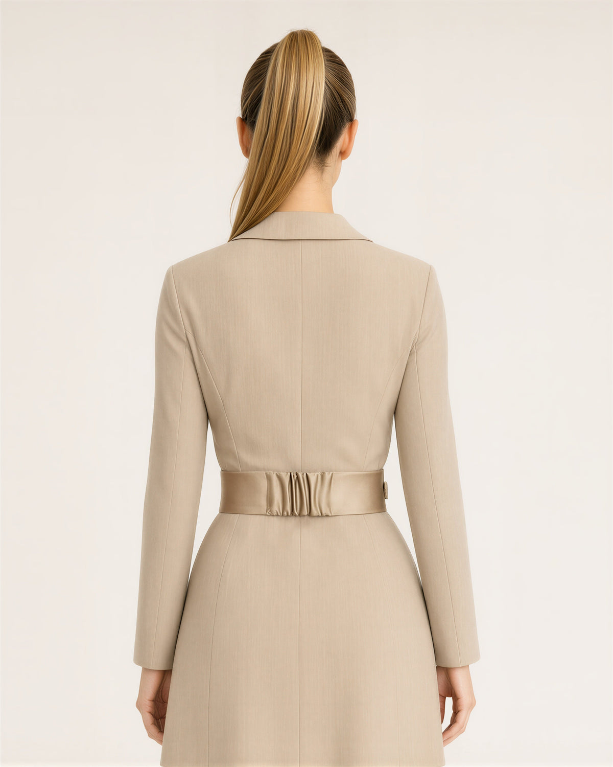 Serena Satin Belted Blazer Mini Dress, stone beige, back view