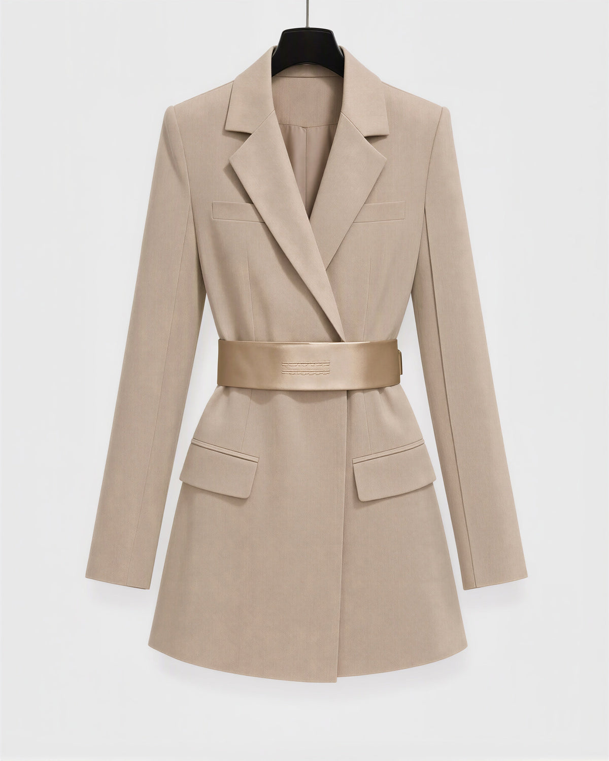 Serena Satin Belted Blazer Mini Dress, stone beige, product view without a model