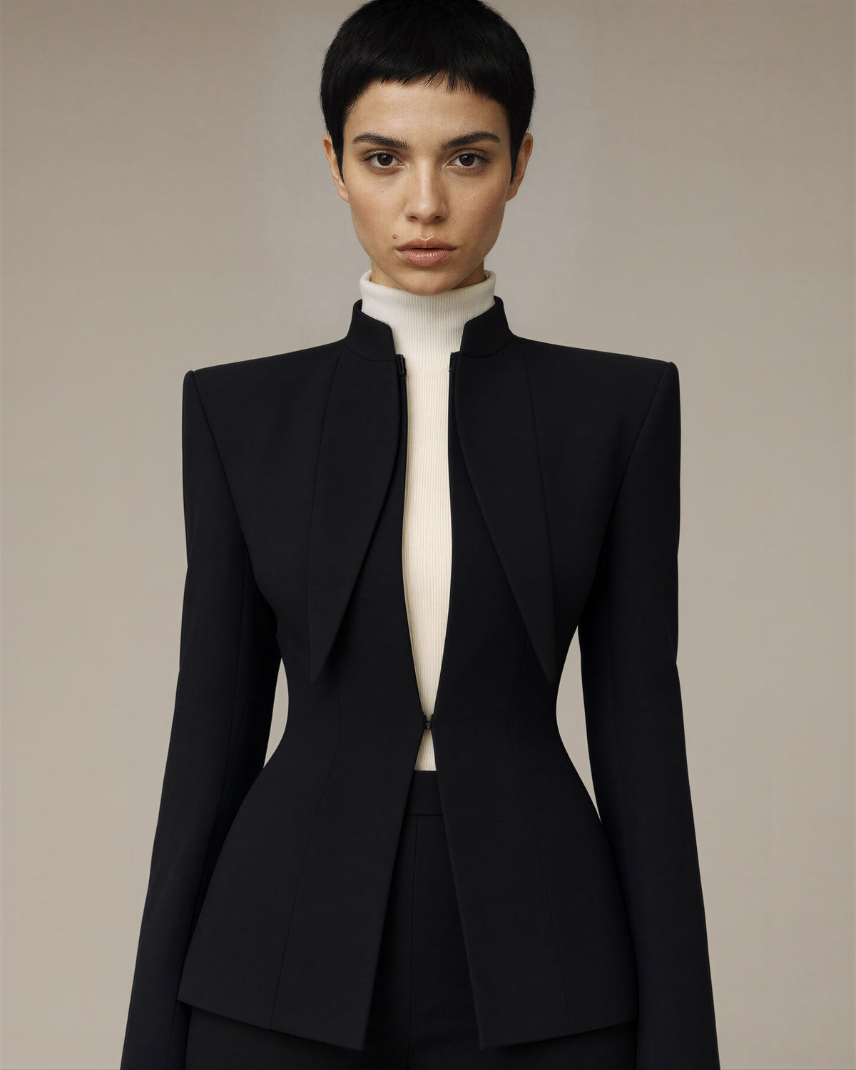 Severa Stand Collar Padded Shoulder Blazer and Short Set, black, close up above the waist