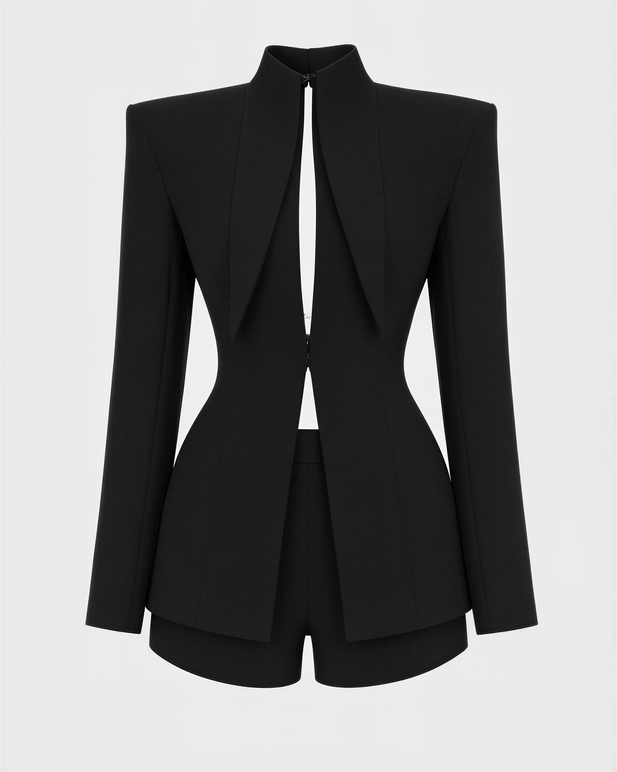 Severa Stand Collar Padded Shoulder Blazer and Short Set, black, product view without a model