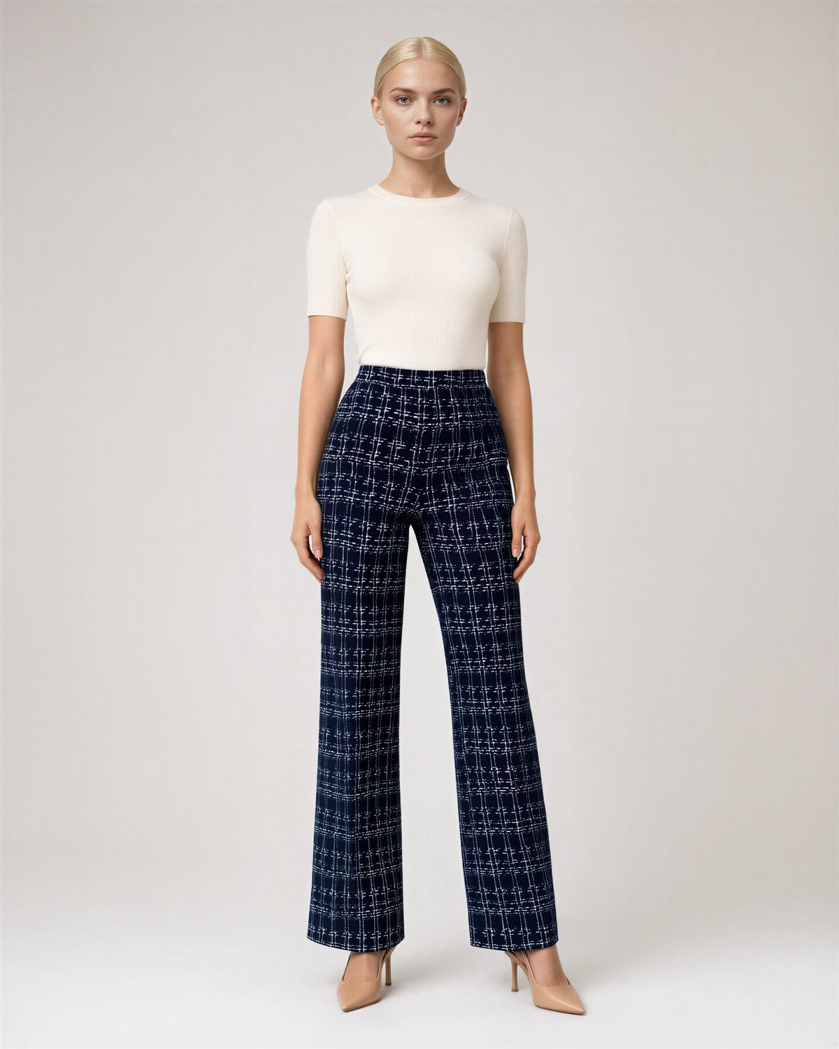 Severina Tweed Look Check Straight Leg Trousers, navy, full length front view