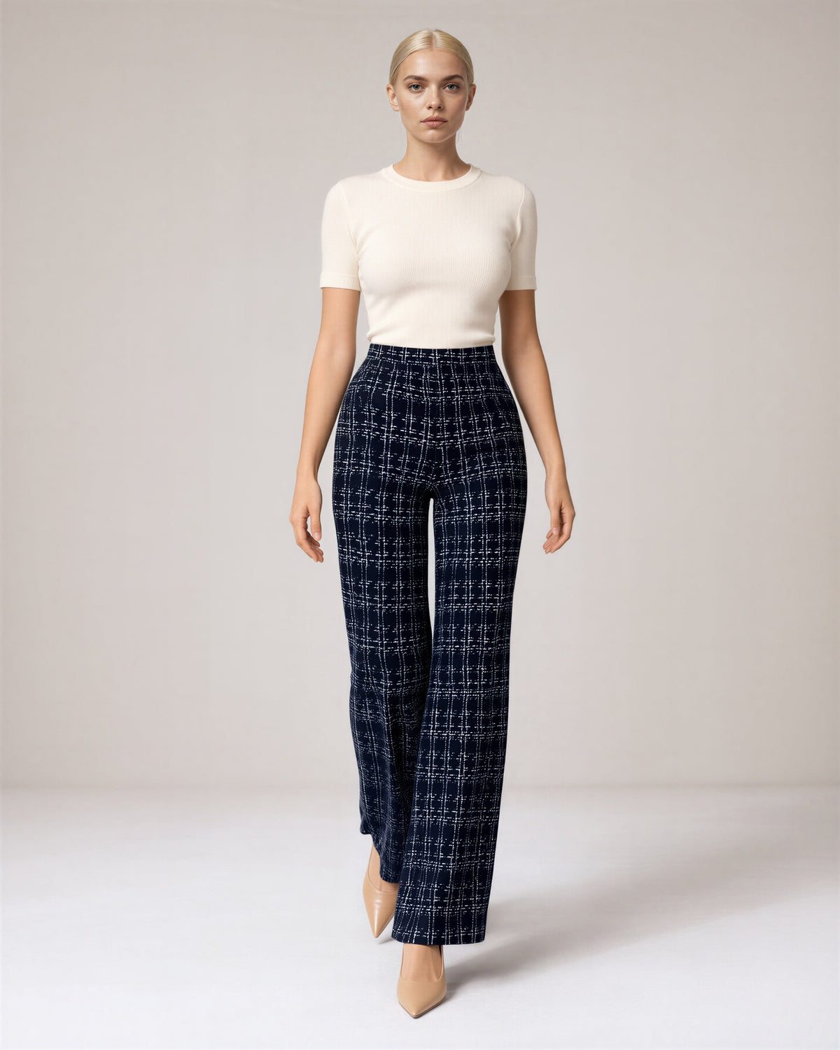 Severina Tweed Look Check Straight Leg Trousers, navy, full length walking view