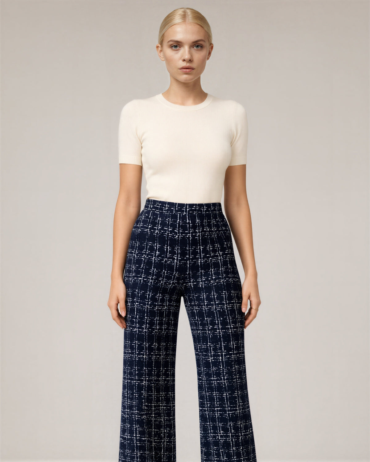 Severina Tweed Look Check Straight Leg Trousers, navy, front view