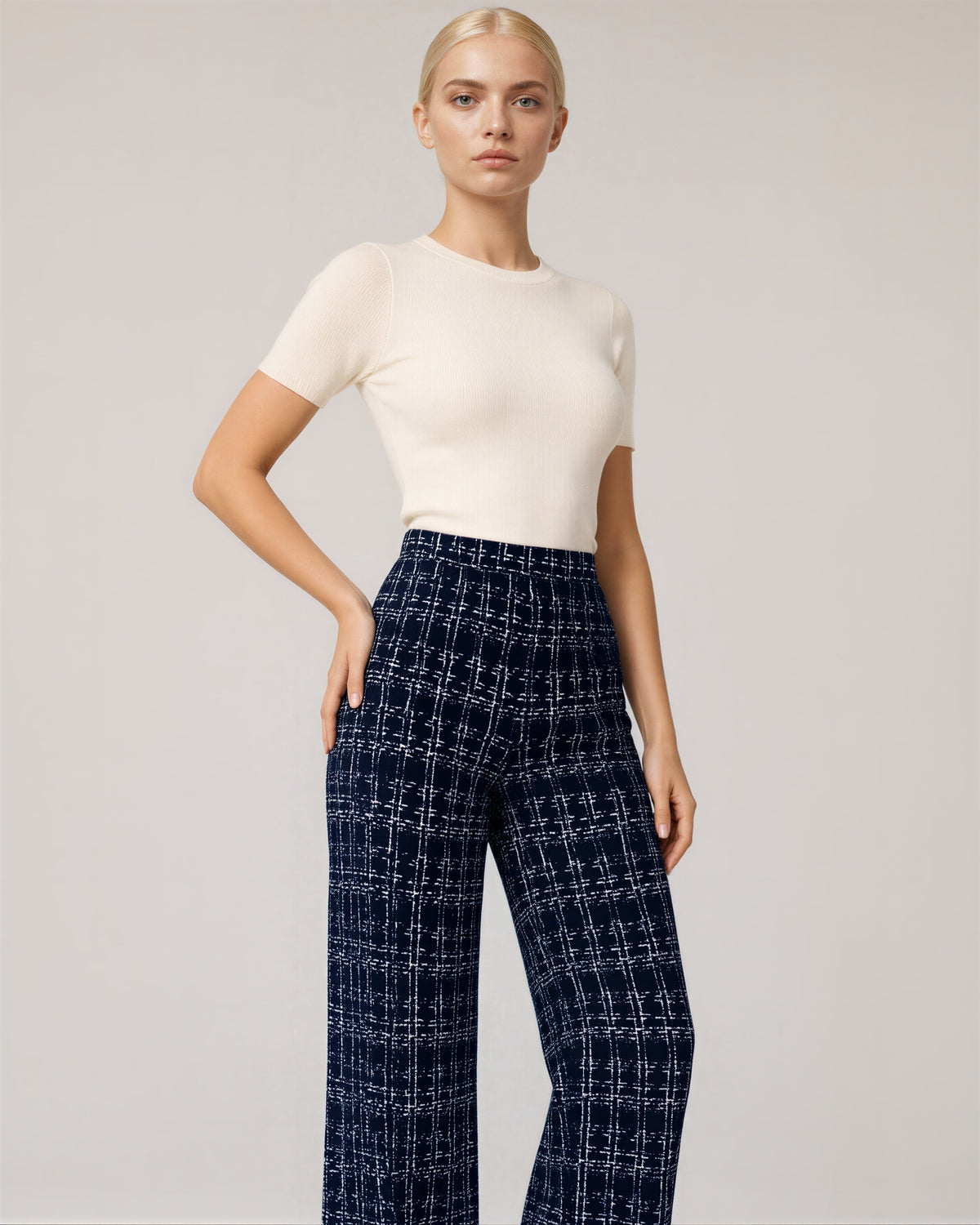 Severina Tweed Look Check Straight Leg Trousers, navy, front, hands on the waist