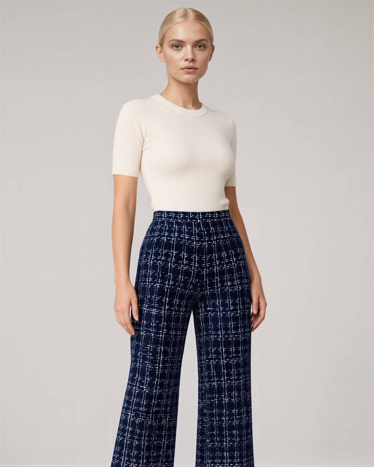 Severina Tweed Look Check Straight Leg Trousers, navy, three quarter view