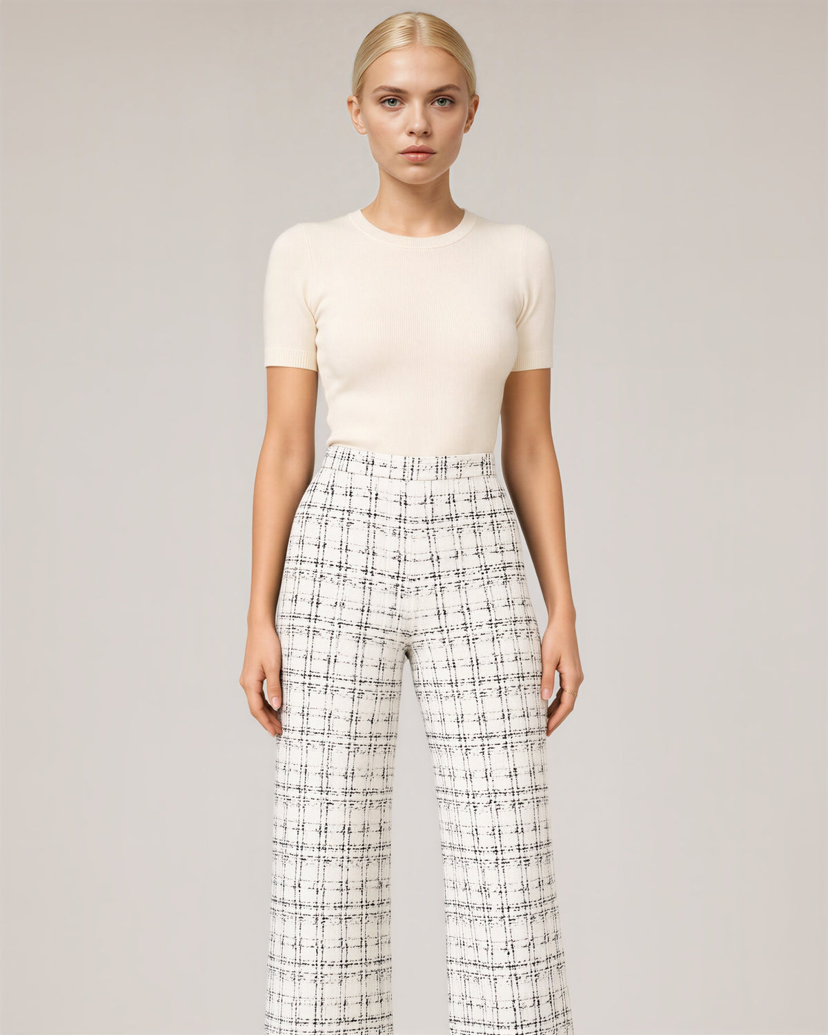 Severina Tweed Look Check Straight Leg Trousers, white color option