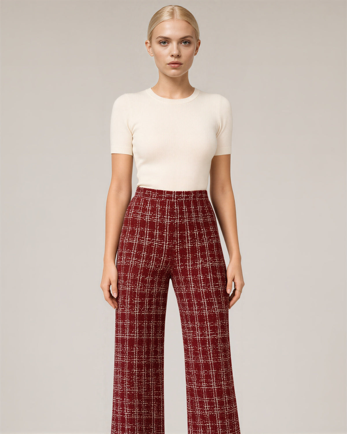 Severina Tweed Look Check Straight Leg Trousers, burgundy color option
