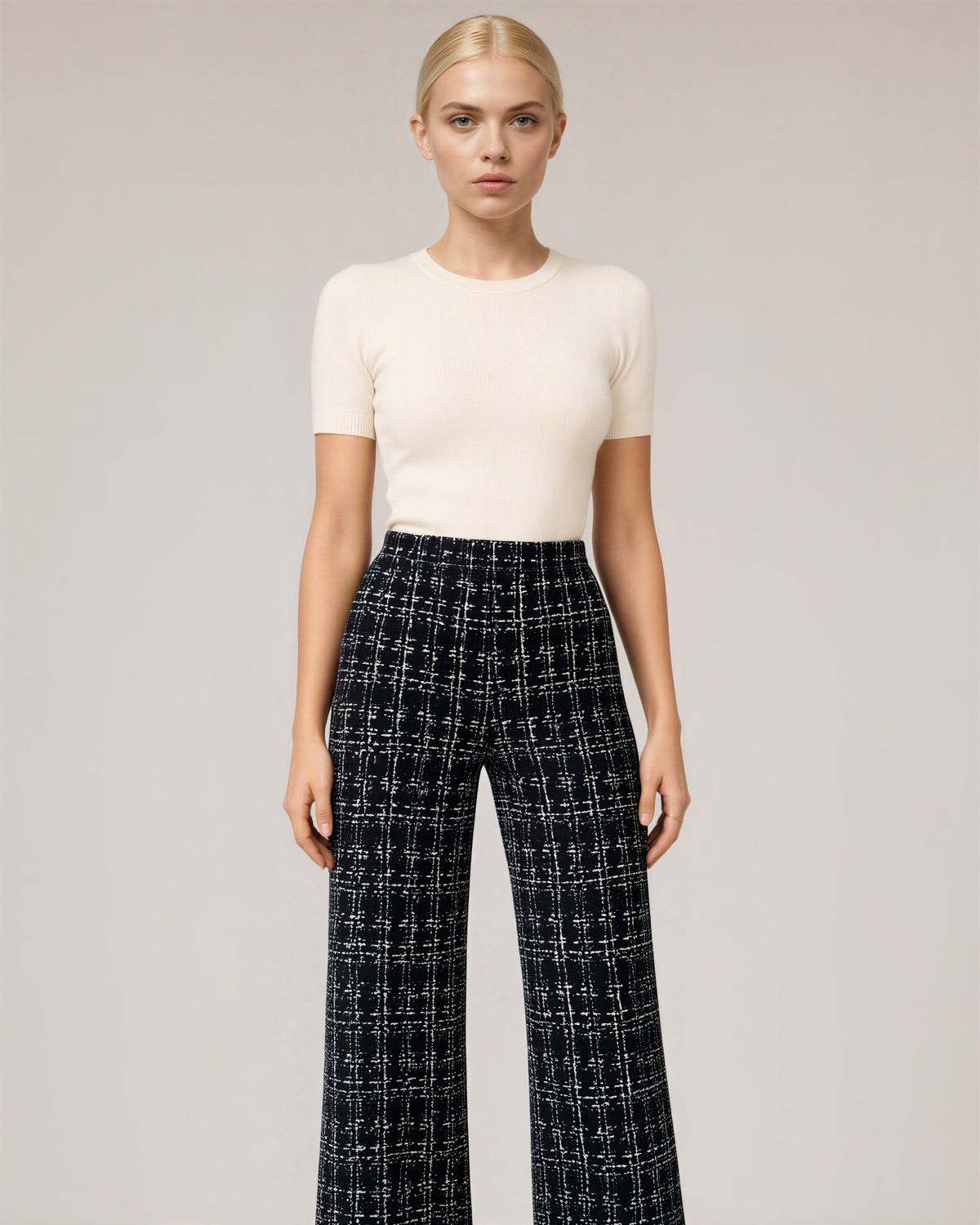 Severina Tweed Look Check Straight Leg Trousers, black color option