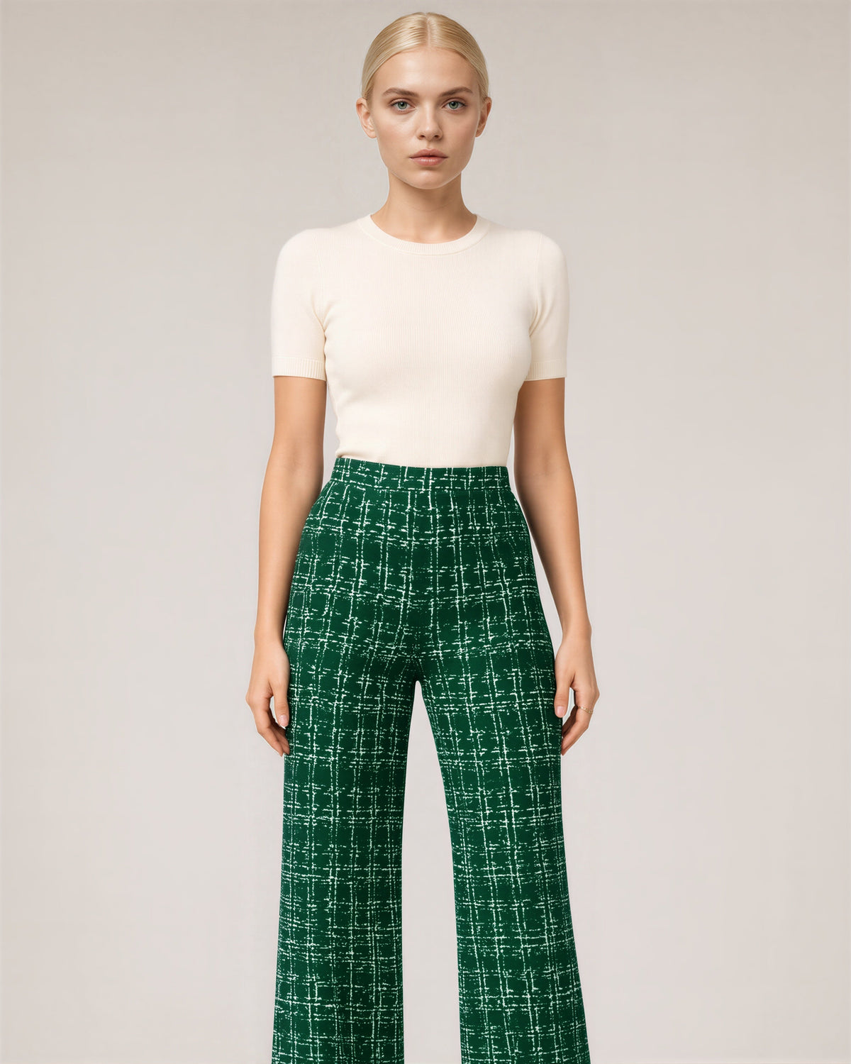 Severina Tweed Look Check Straight Leg Trousers, emerald green color option