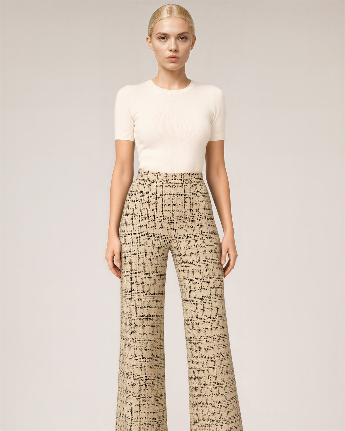 Severina Tweed Look Check Straight Leg Trousers, beige color option