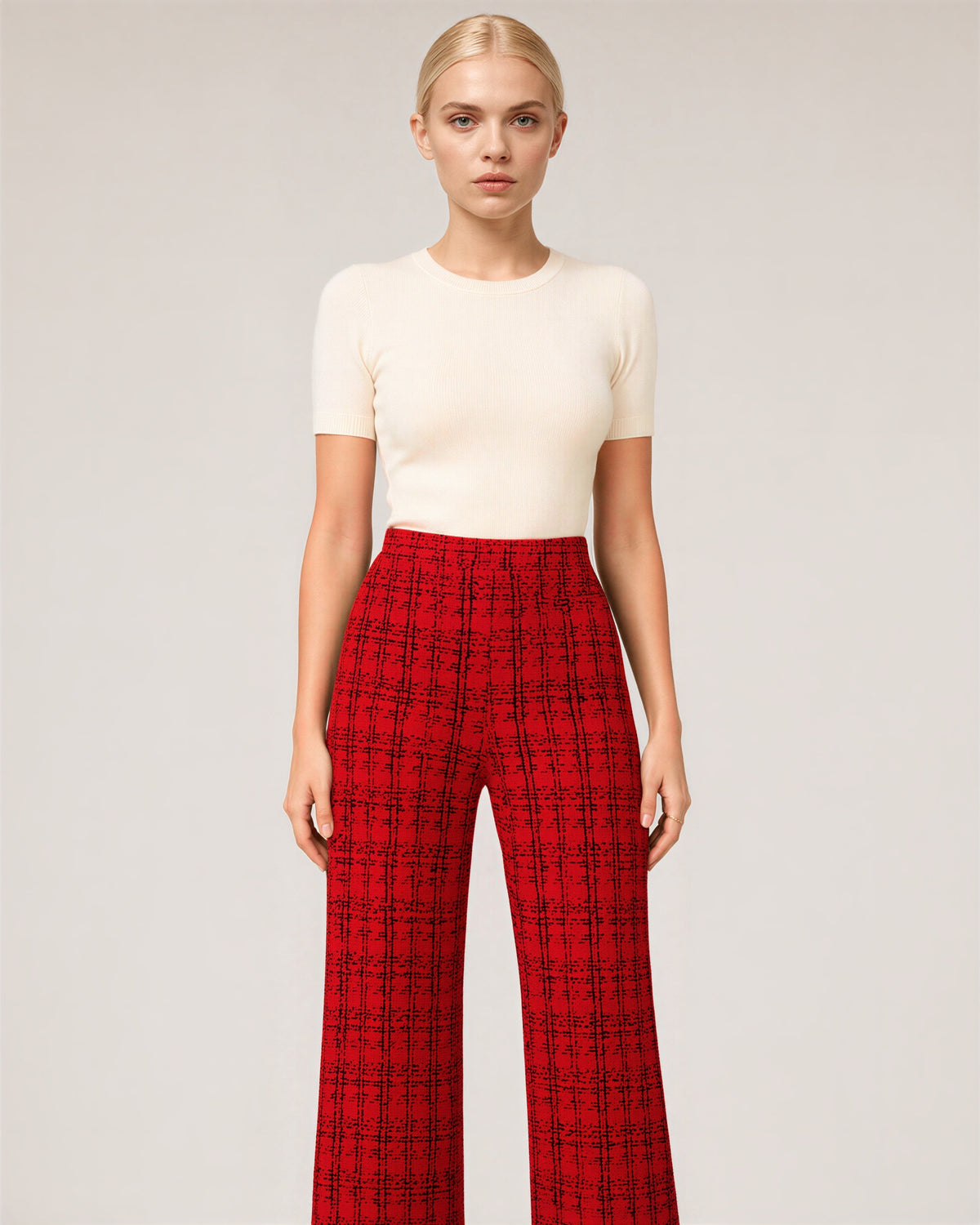 Severina Tweed Look Check Straight Leg Trousers, red color option