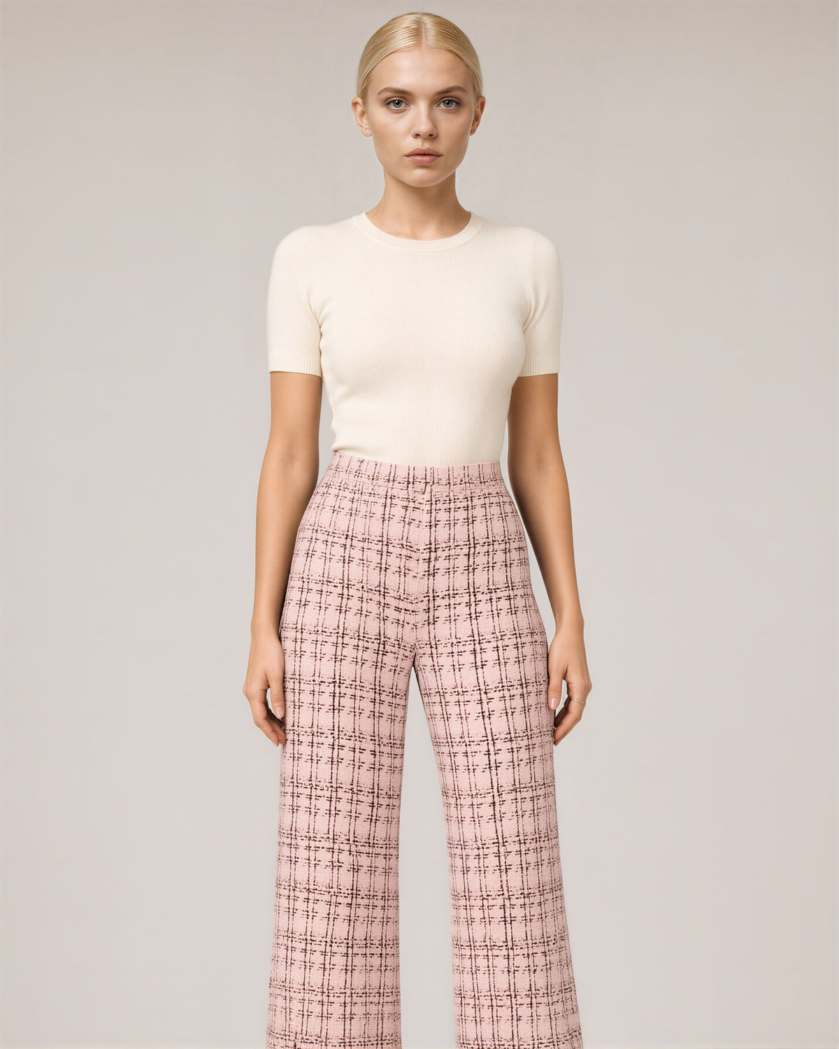 Severina Tweed Look Check Straight Leg Trousers, powder pink color option