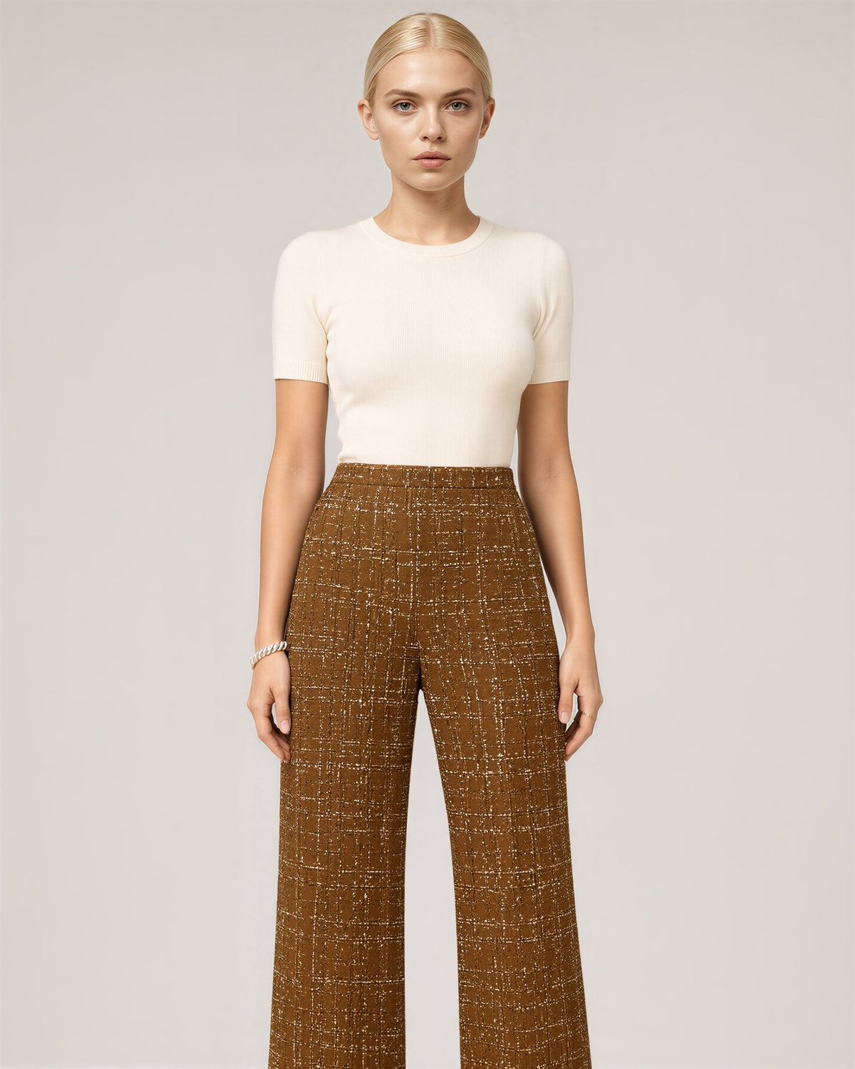 Severina Tweed Look Check Straight Leg Trousers, caramel color option