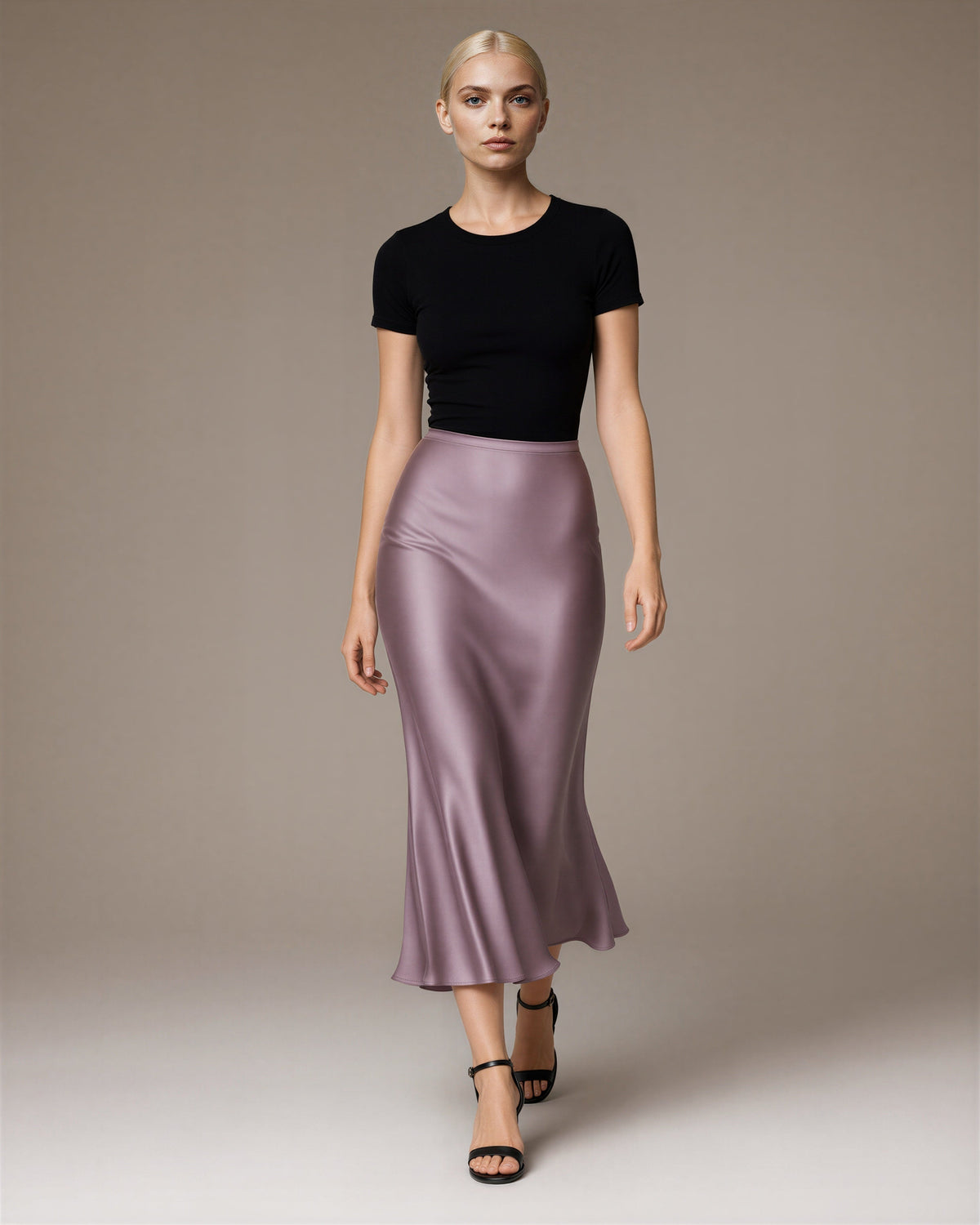 Simona Satin Fishtail Maxi Skirt, lilac, full length walking view