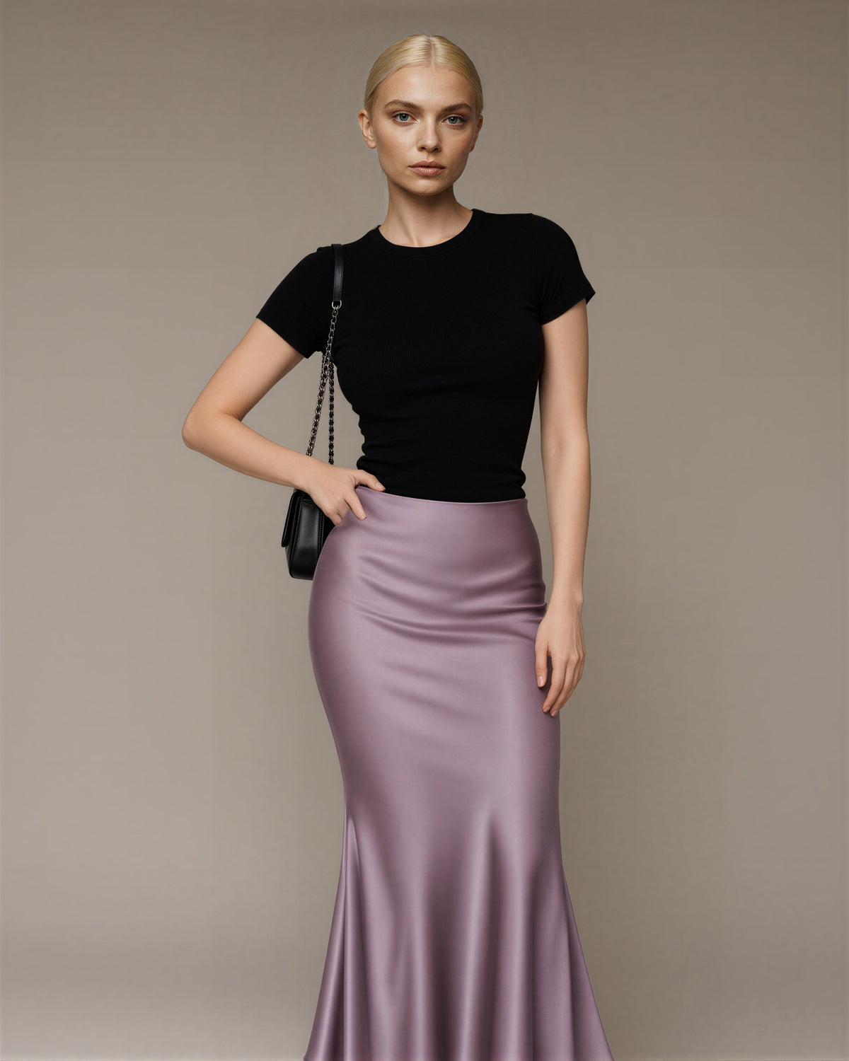 Simona Satin Fishtail Maxi Skirt, lilac, front, hands on the waist