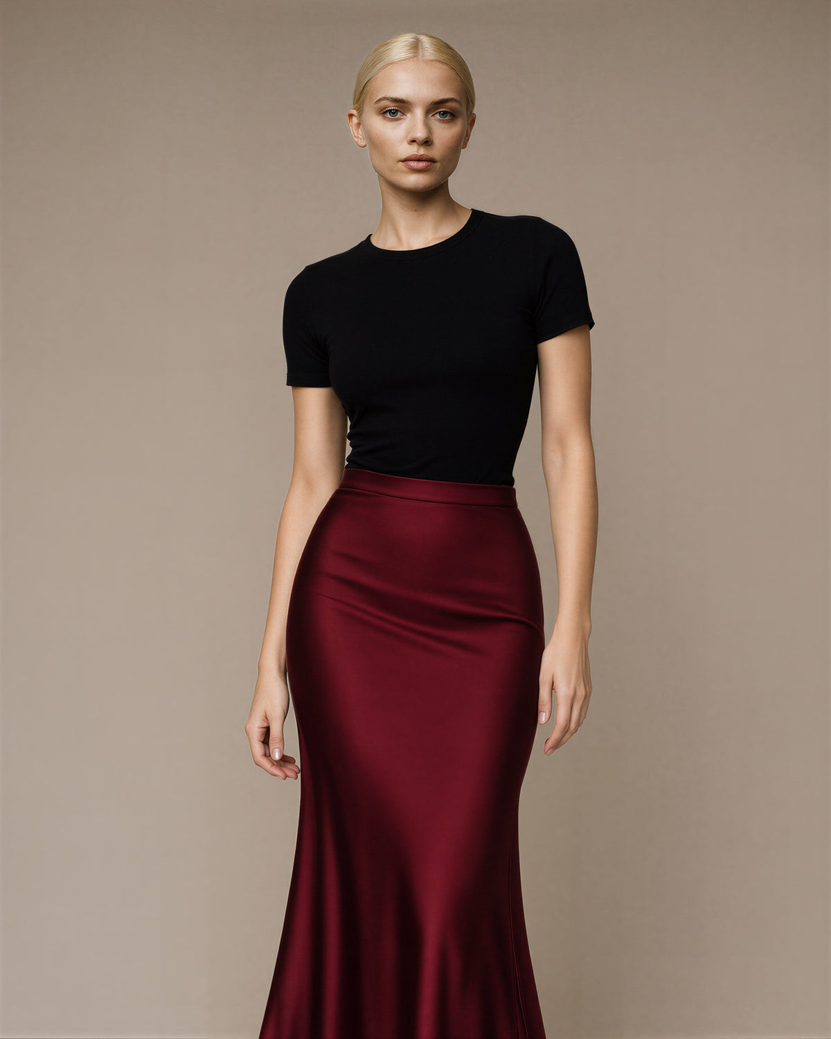 Simona Satin Fishtail Maxi Skirt, burgundy color option