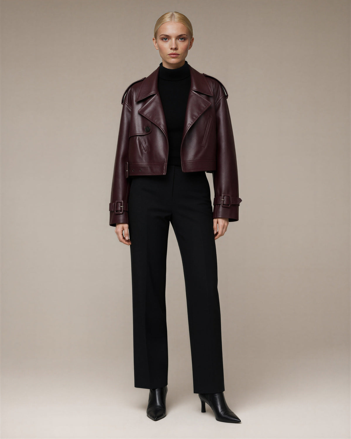 Tamara Belted Epaulette Cropped Faux Leather Jacket, burgundy, full length front view