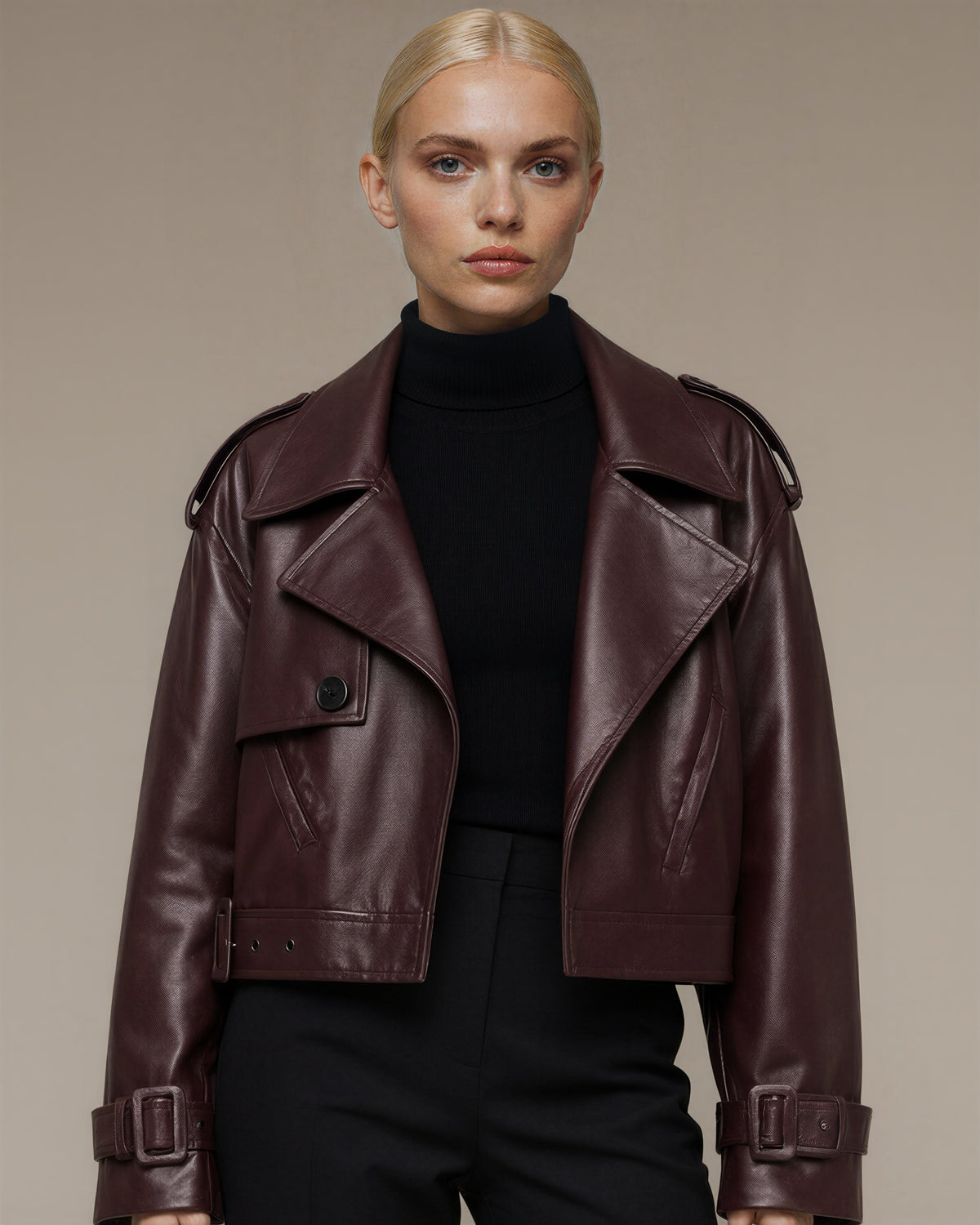 Tamara Belted Epaulette Cropped Faux Leather Jacket, burgundy, close up above the waist